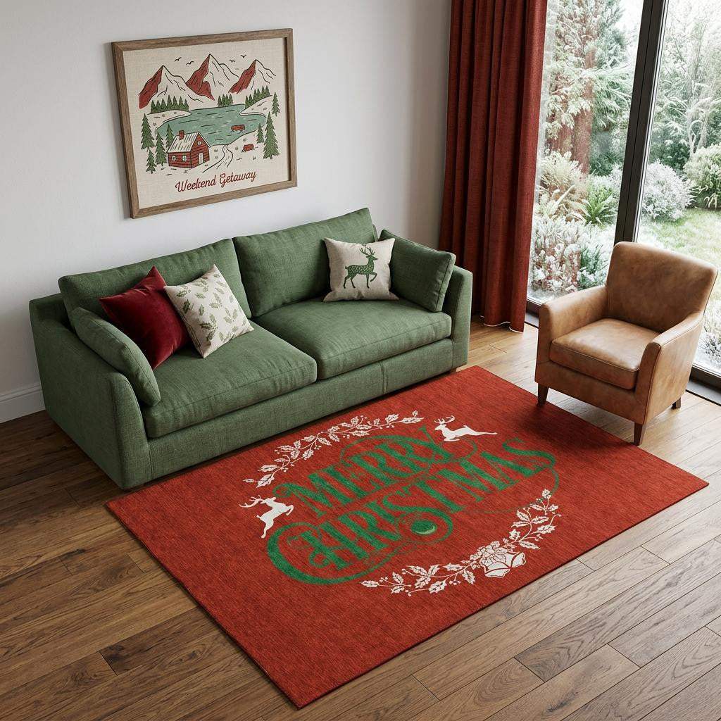 5' X 8' Ruby Red Green And Ivory Christmas Washable Area Rug With UV Protection - HomeRoots - Flyclothing LLC