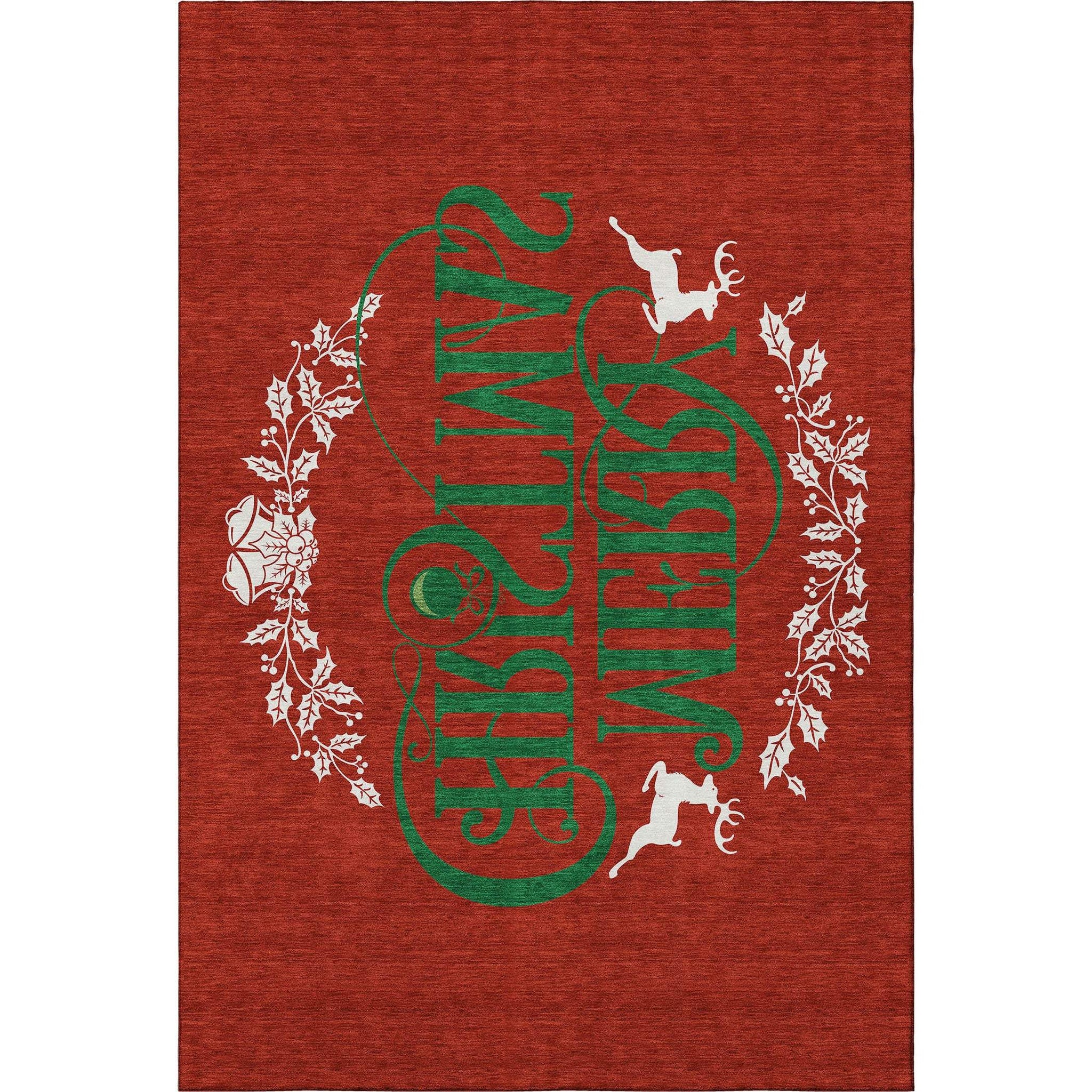 5' X 8' Ruby Red Green And Ivory Christmas Washable Area Rug With UV Protection - HomeRoots - Flyclothing LLC