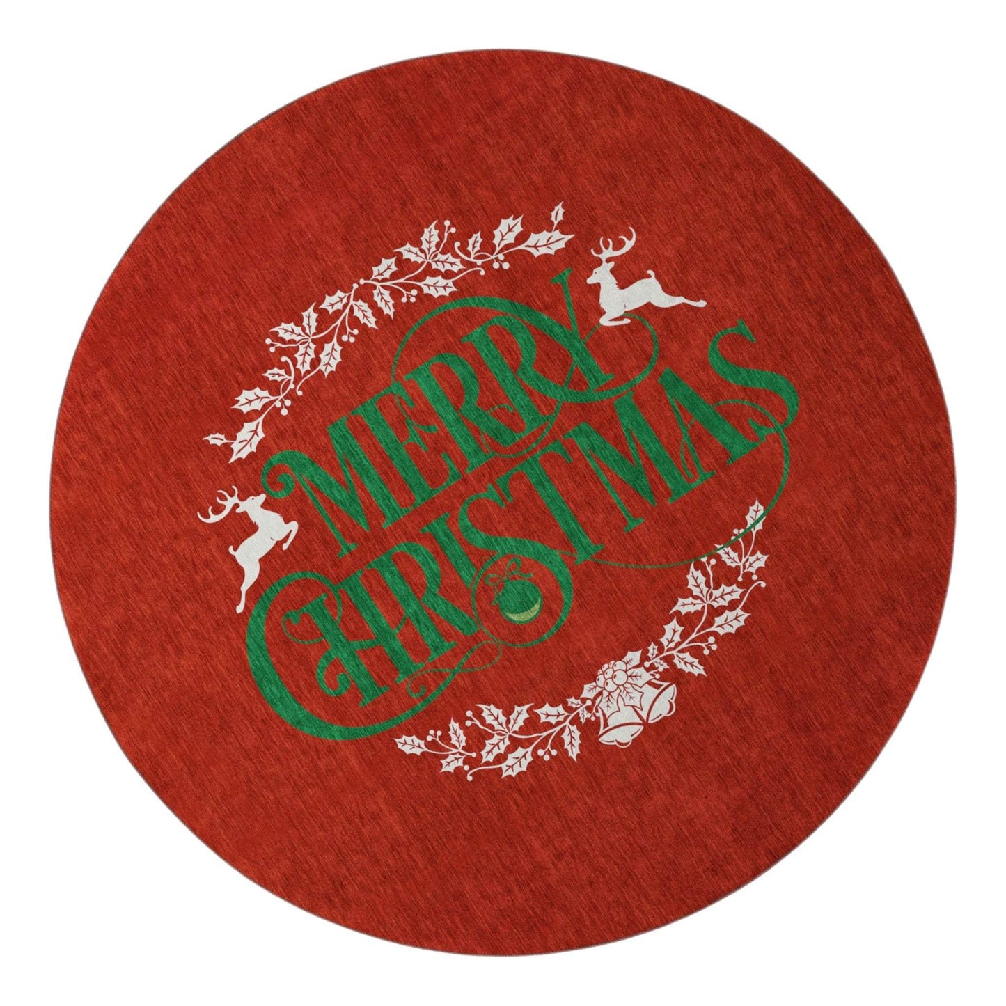 8' Ruby Red Green And Ivory Christmas Washable Round Rug With UV Protection - HomeRoots - Flyclothing LLC