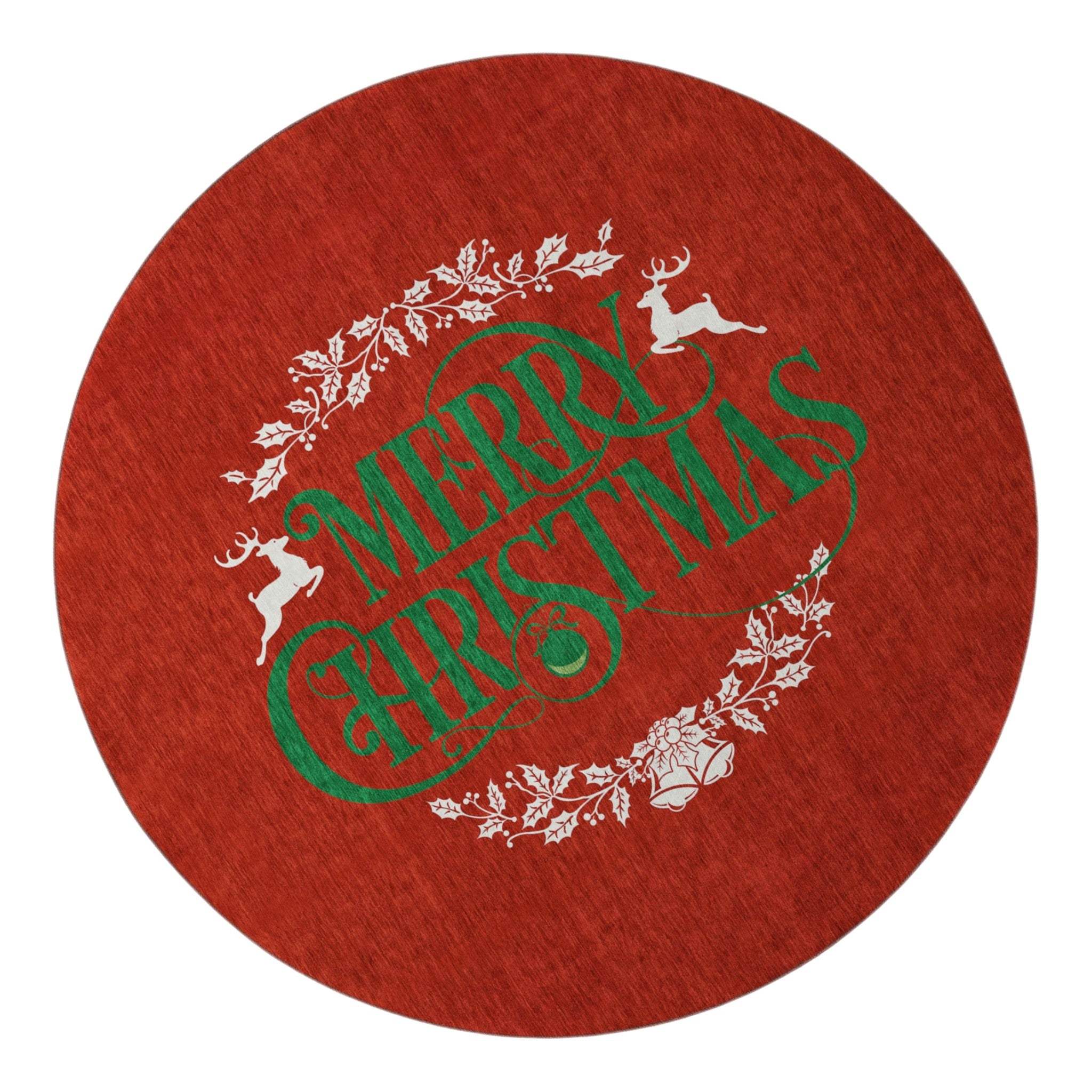 8' Ruby Red Green And Ivory Christmas Washable Round Rug With UV Protection - HomeRoots - Flyclothing LLC