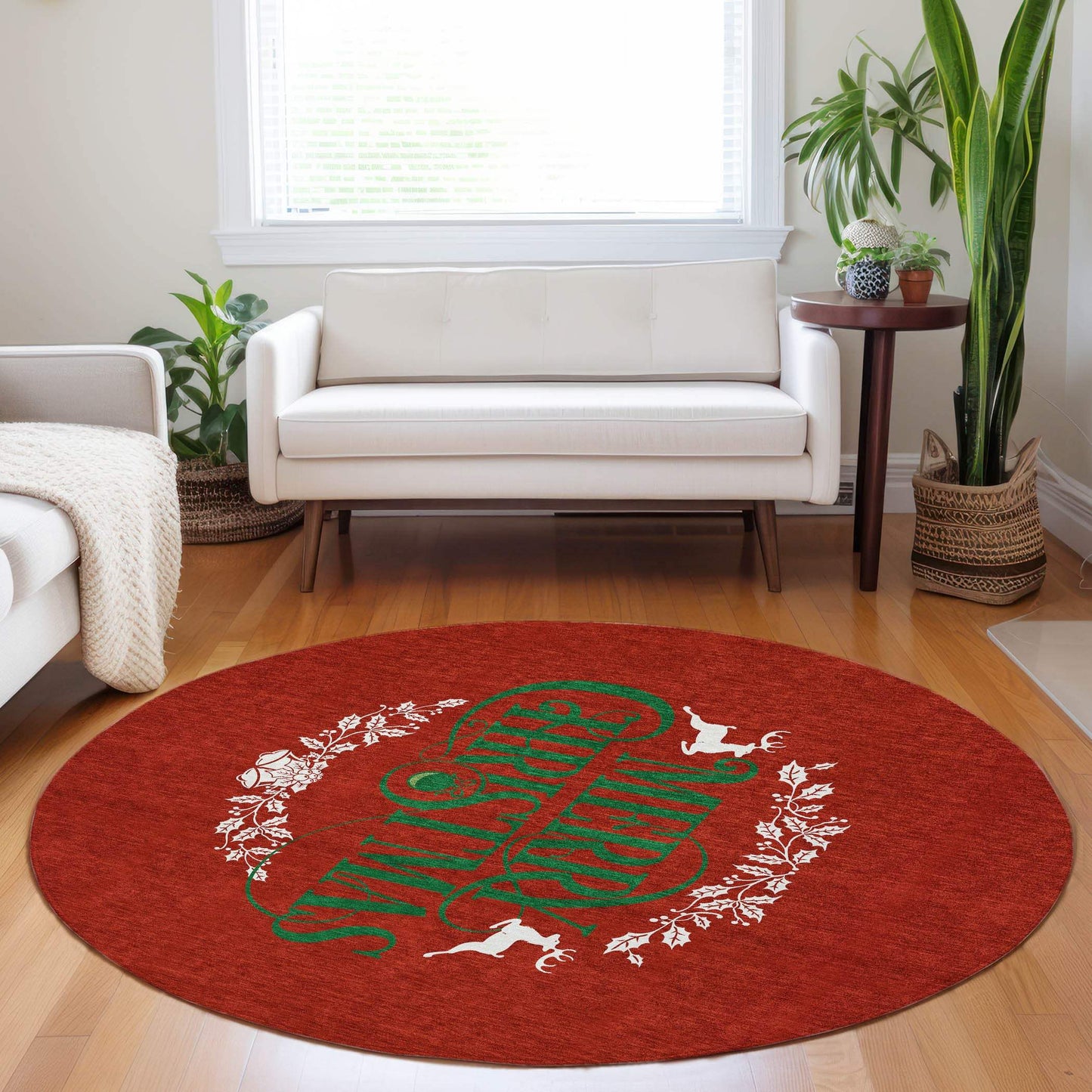 8' Ruby Red Green And Ivory Christmas Washable Round Rug With UV Protection - HomeRoots - Flyclothing LLC
