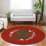 8' Ruby Red Green And Ivory Christmas Washable Round Rug With UV Protection - HomeRoots - Flyclothing LLC