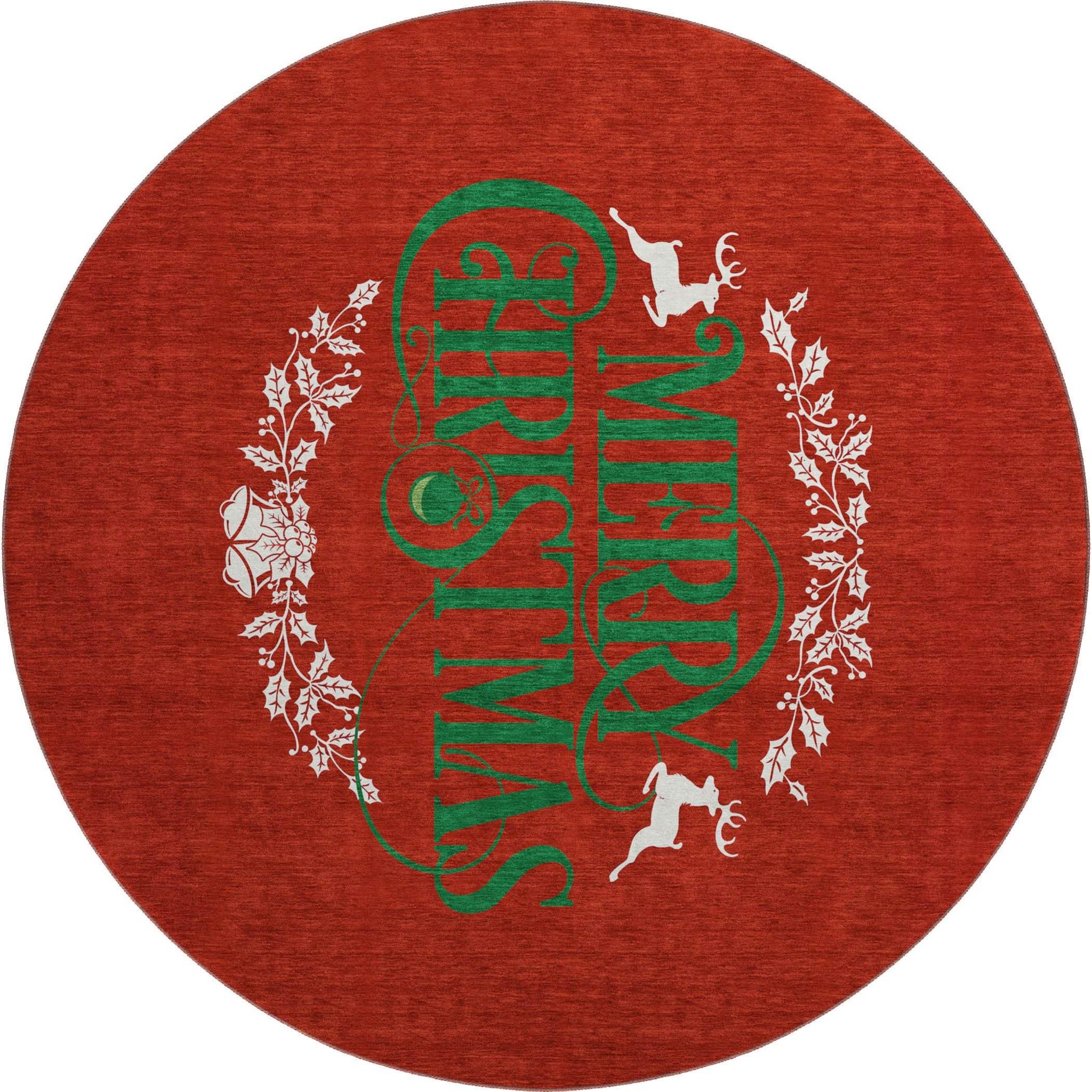 8' Ruby Red Green And Ivory Christmas Washable Round Rug With UV Protection - HomeRoots - Flyclothing LLC