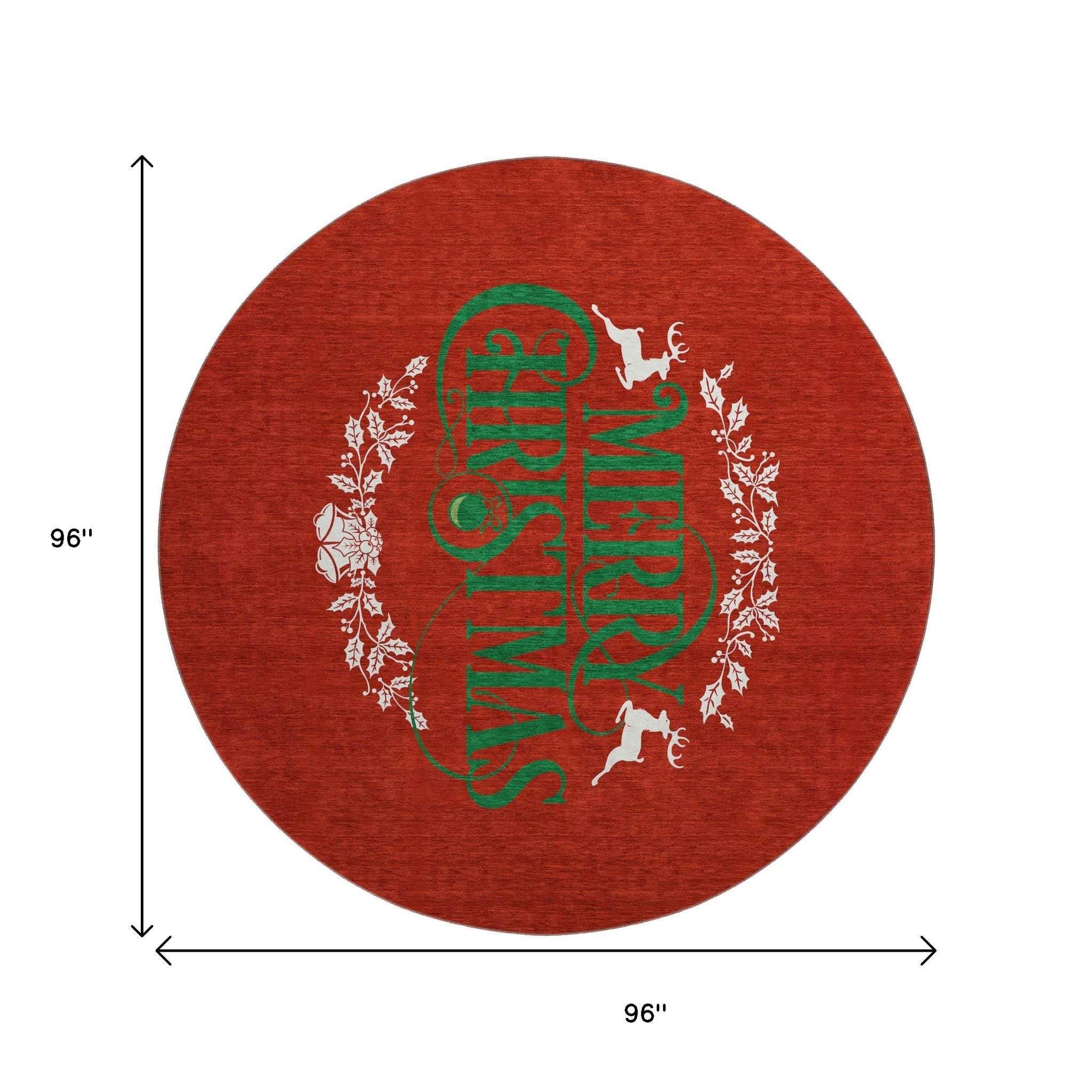 8' Ruby Red Green And Ivory Christmas Washable Round Rug With UV Protection - HomeRoots - Flyclothing LLC