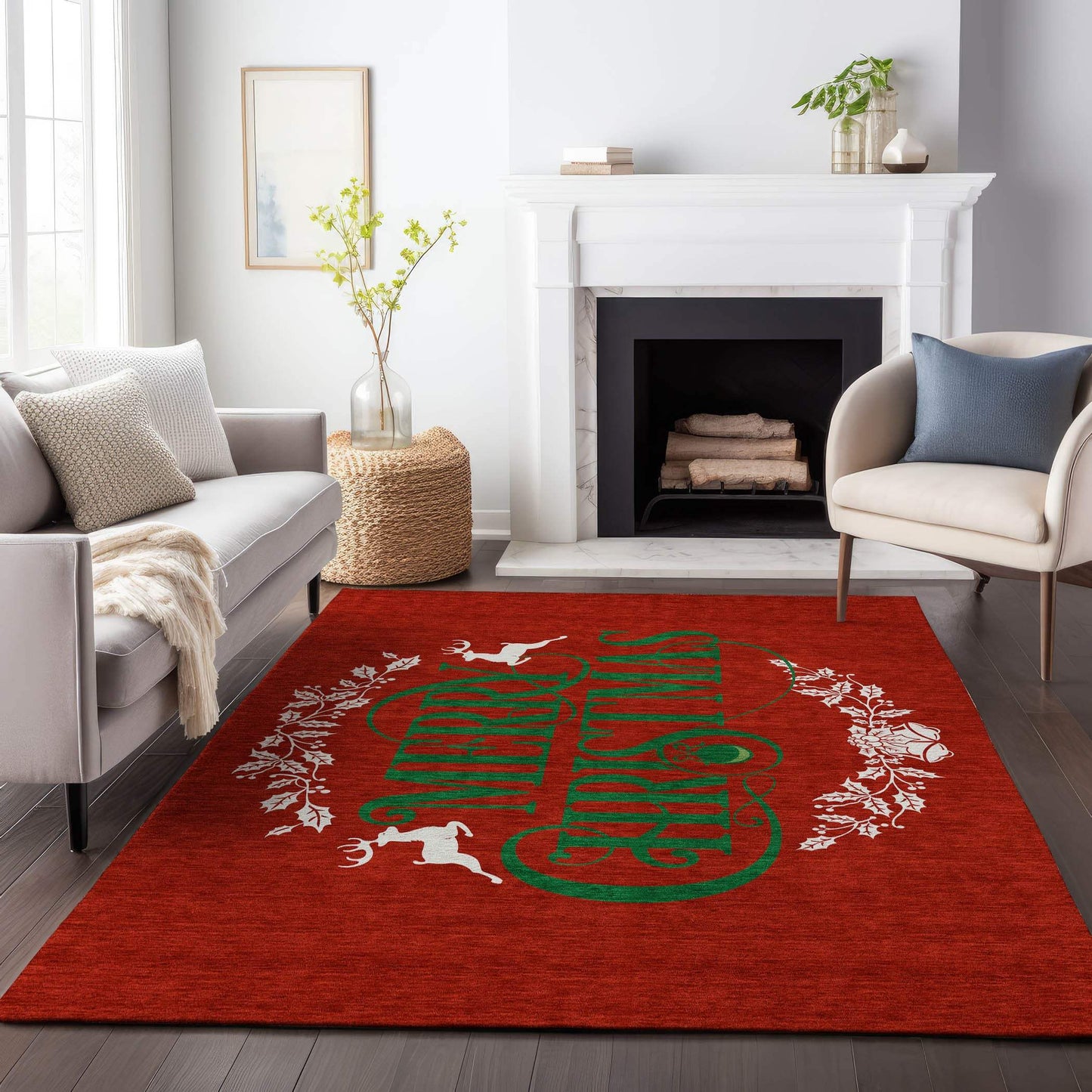 8' X 10' Ruby Red Green And Ivory Christmas Washable Area Rug With UV Protection - HomeRoots - Flyclothing LLC
