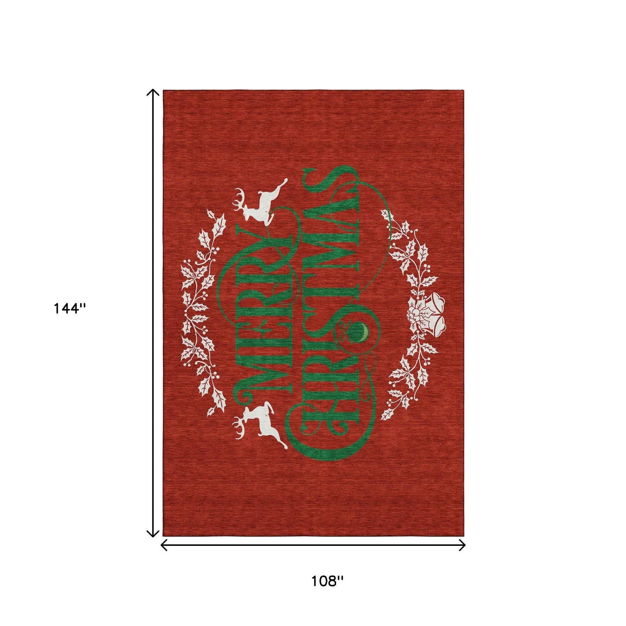9' X 12' Ruby Red Green And Ivory Christmas Washable Area Rug With UV Protection - HomeRoots - Flyclothing LLC