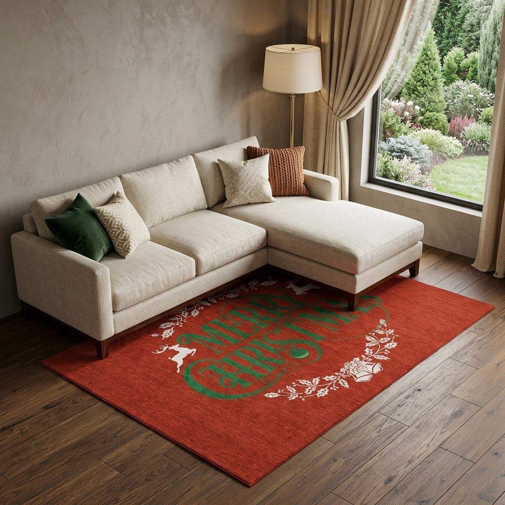 9' X 12' Ruby Red Green And Ivory Christmas Washable Area Rug With UV Protection - HomeRoots - Flyclothing LLC