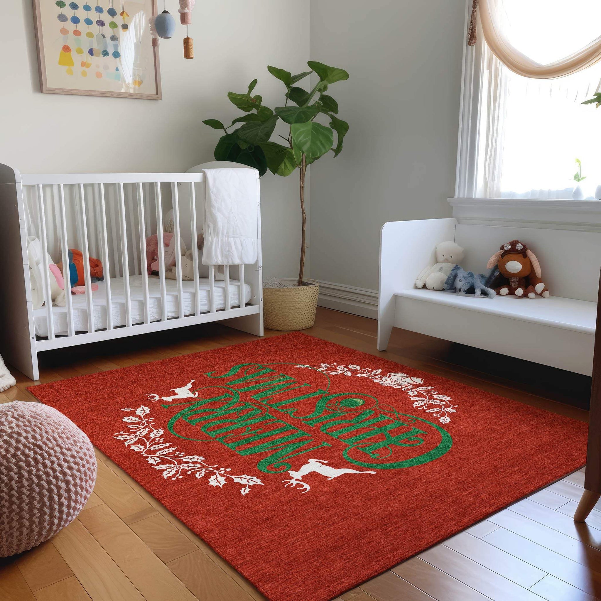 9' X 12' Ruby Red Green And Ivory Christmas Washable Area Rug With UV Protection - HomeRoots - Flyclothing LLC