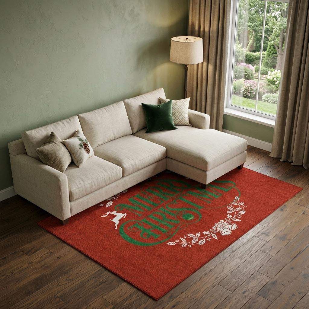 10' X 14' Ruby Red Green And Ivory Christmas Washable Area Rug With UV Protection - HomeRoots - Flyclothing LLC