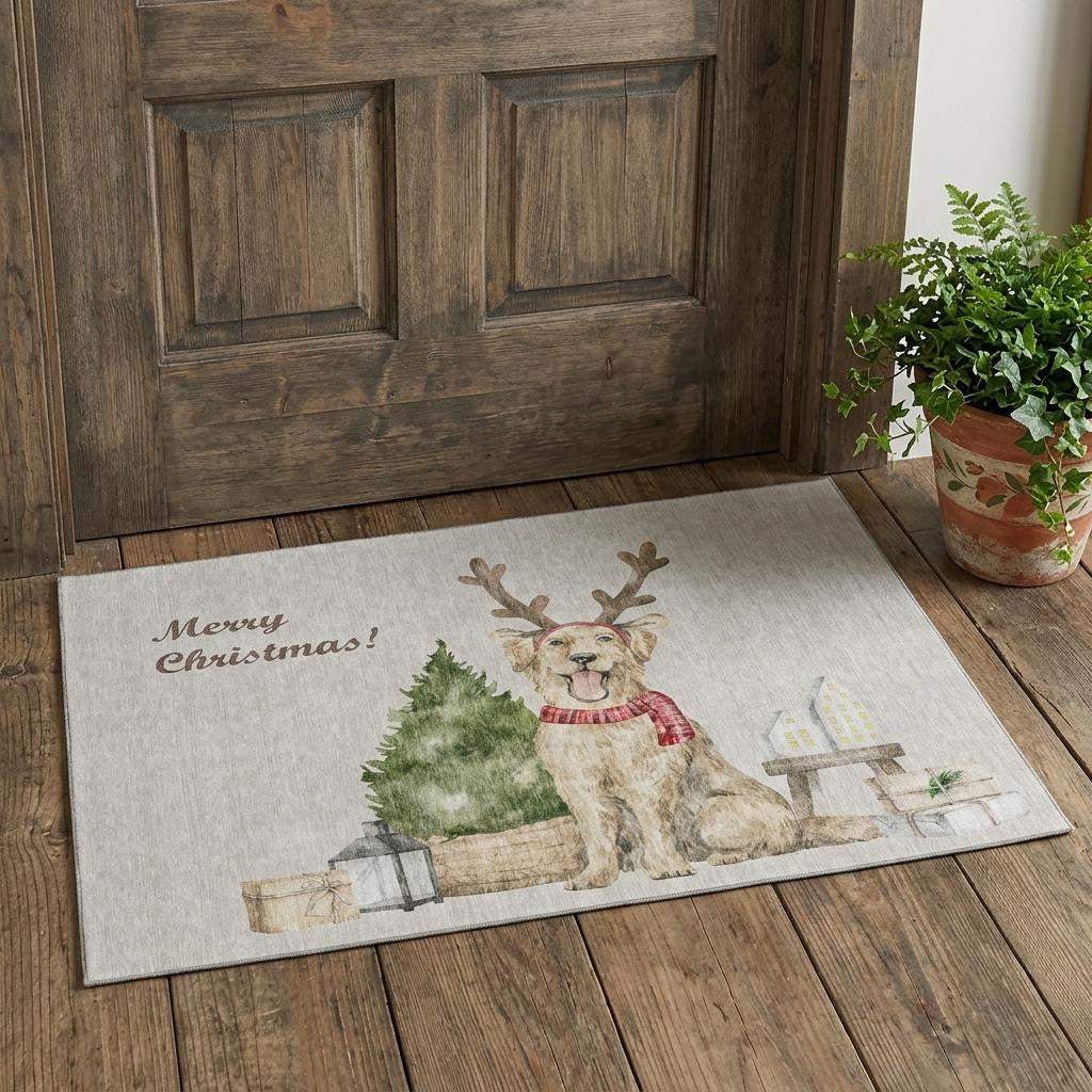 3' X 5' Taupe Green And Gray Christmas Dog Washable Area Rug With UV Protection - HomeRoots - Flyclothing LLC
