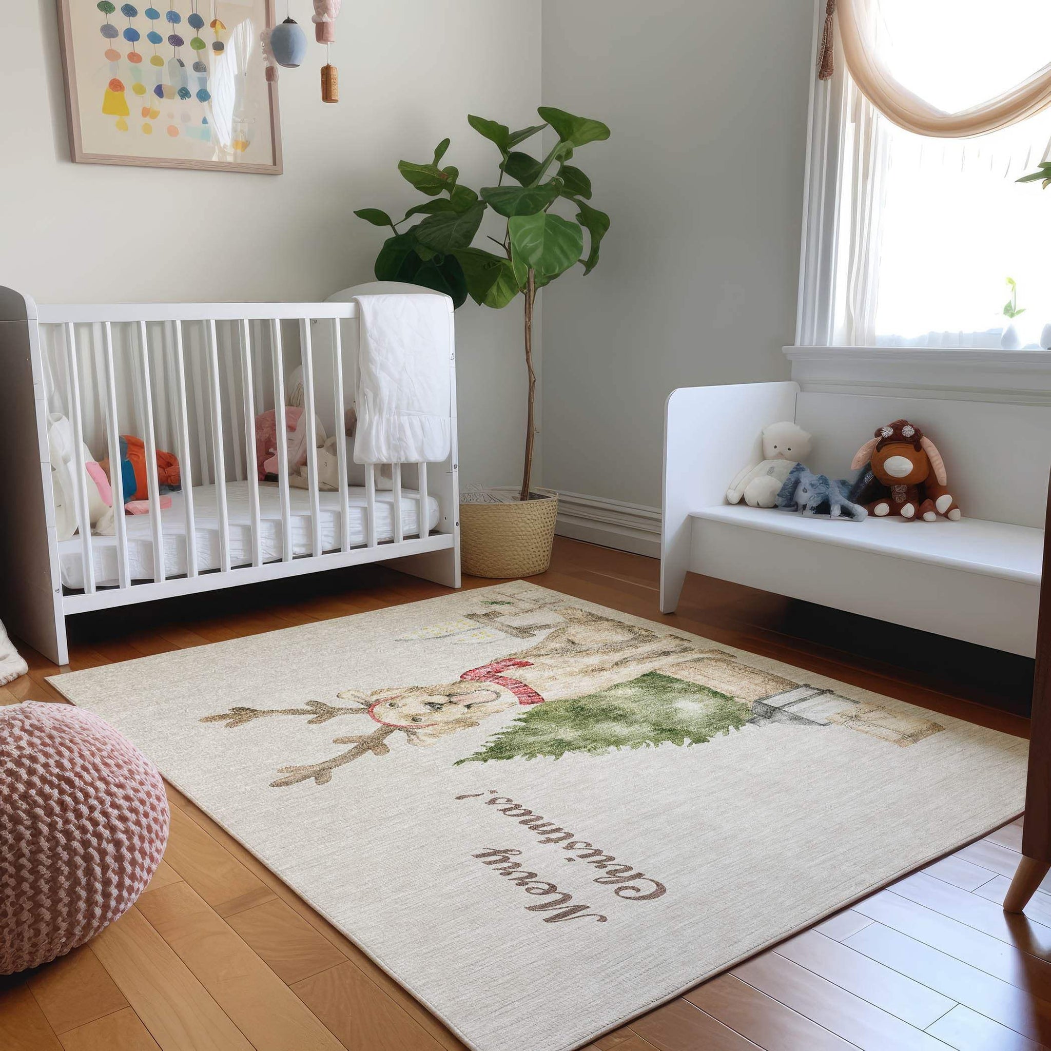 5' X 8' Taupe Green And Gray Christmas Dogs Distressed Washable Area Rug With UV Protection - HomeRoots - Flyclothing LLC