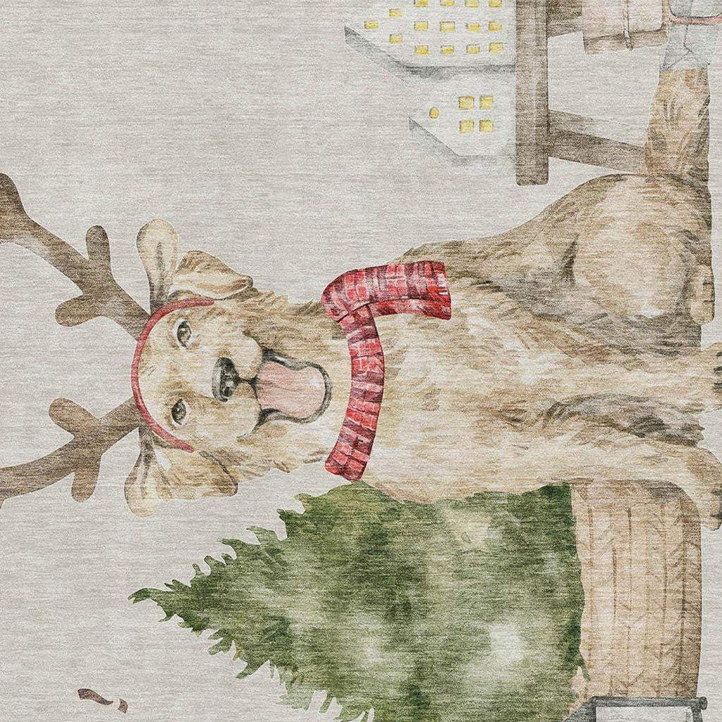 5' X 8' Taupe Green And Gray Christmas Dogs Distressed Washable Area Rug With UV Protection - HomeRoots - Flyclothing LLC