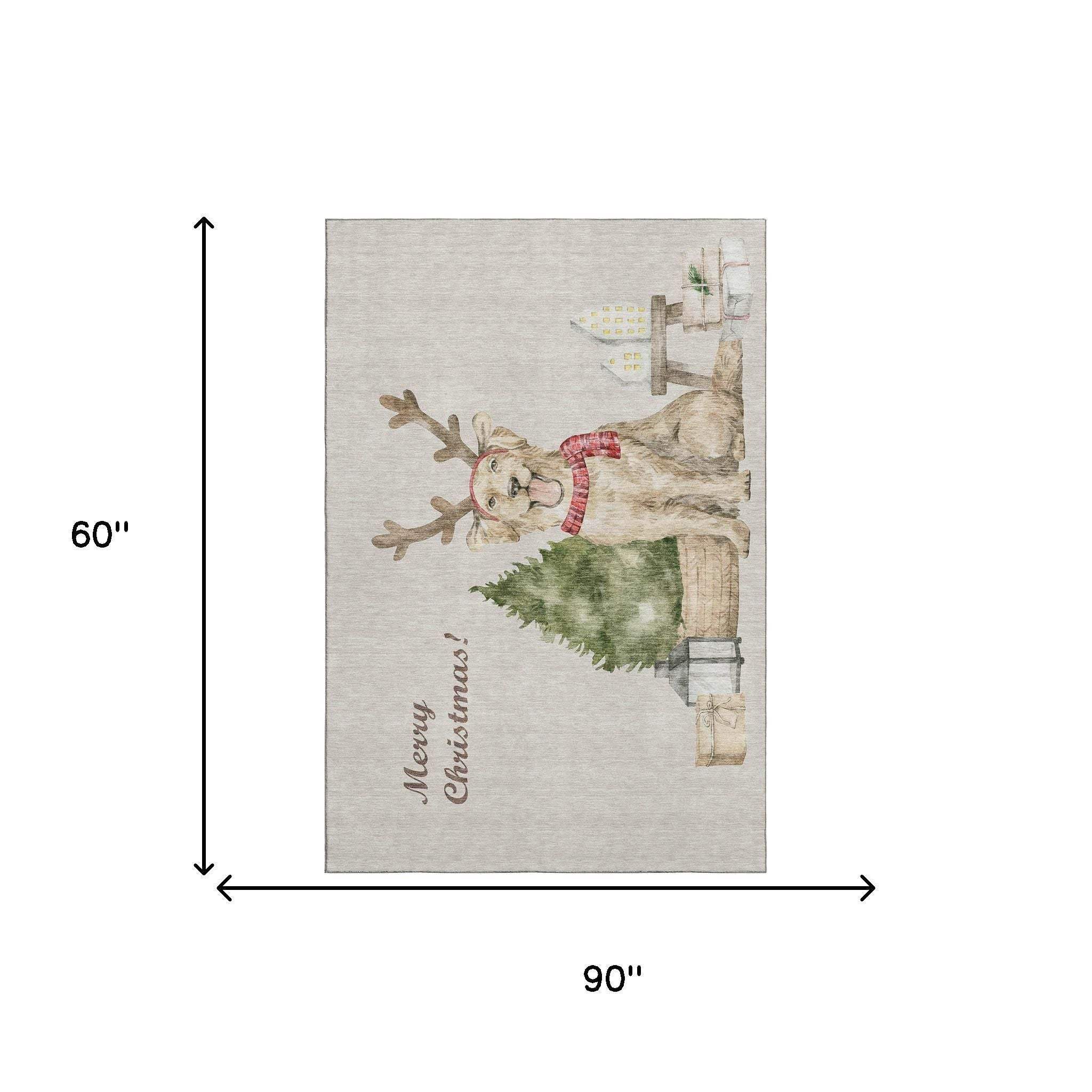 5' X 8' Taupe Green And Gray Christmas Dogs Distressed Washable Area Rug With UV Protection - HomeRoots - Flyclothing LLC