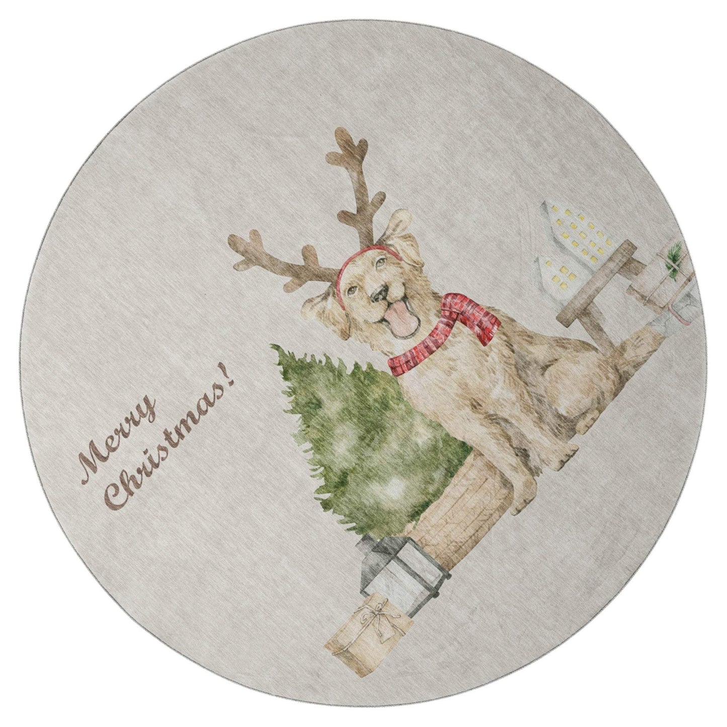 8' Taupe Green And Gray Christmas Dog Washable Round Rug With UV Protection - HomeRoots - Flyclothing LLC