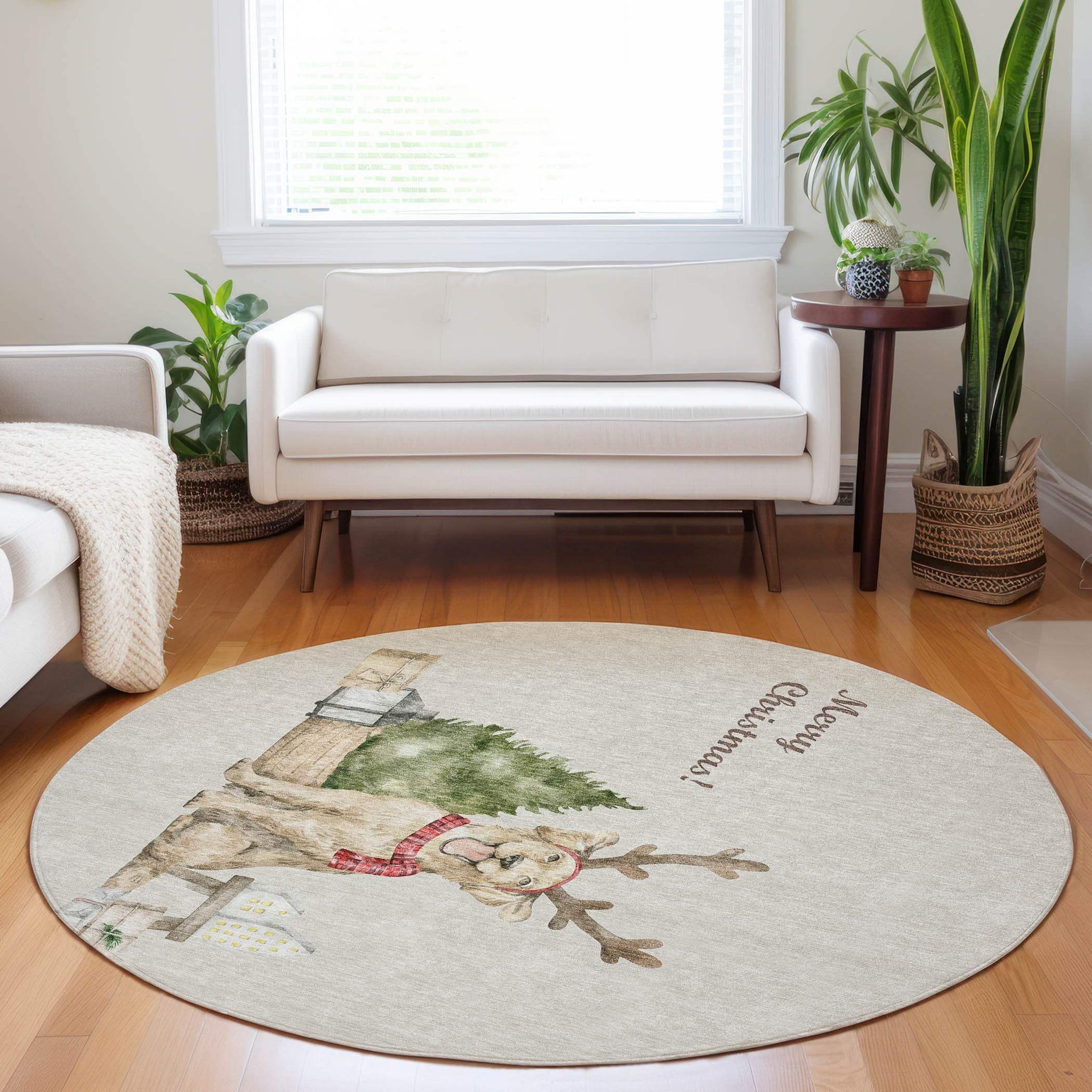 8' Taupe Green And Gray Christmas Dog Washable Round Rug With UV Protection - HomeRoots - Flyclothing LLC