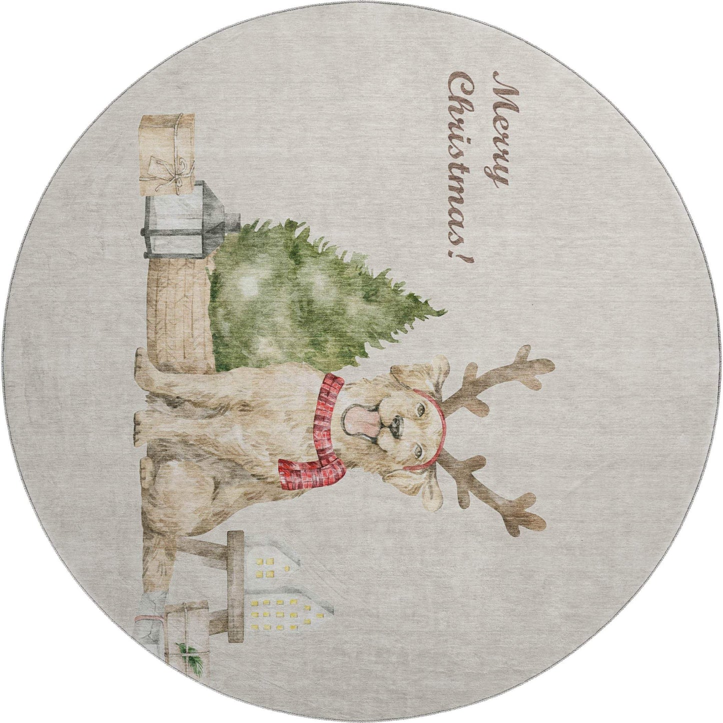 8' Taupe Green And Gray Christmas Dog Washable Round Rug With UV Protection - HomeRoots - Flyclothing LLC