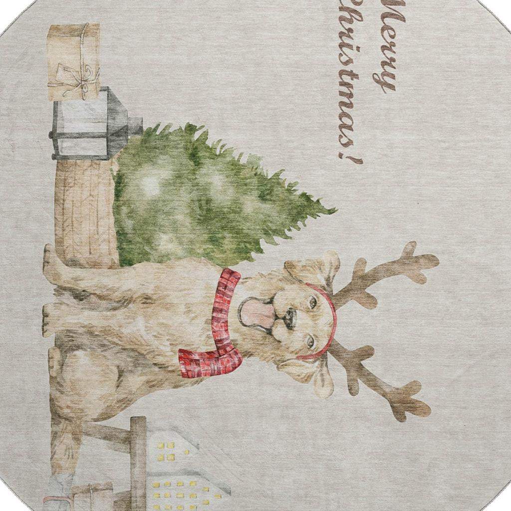 8' Taupe Green And Gray Christmas Dog Washable Round Rug With UV Protection - HomeRoots - Flyclothing LLC