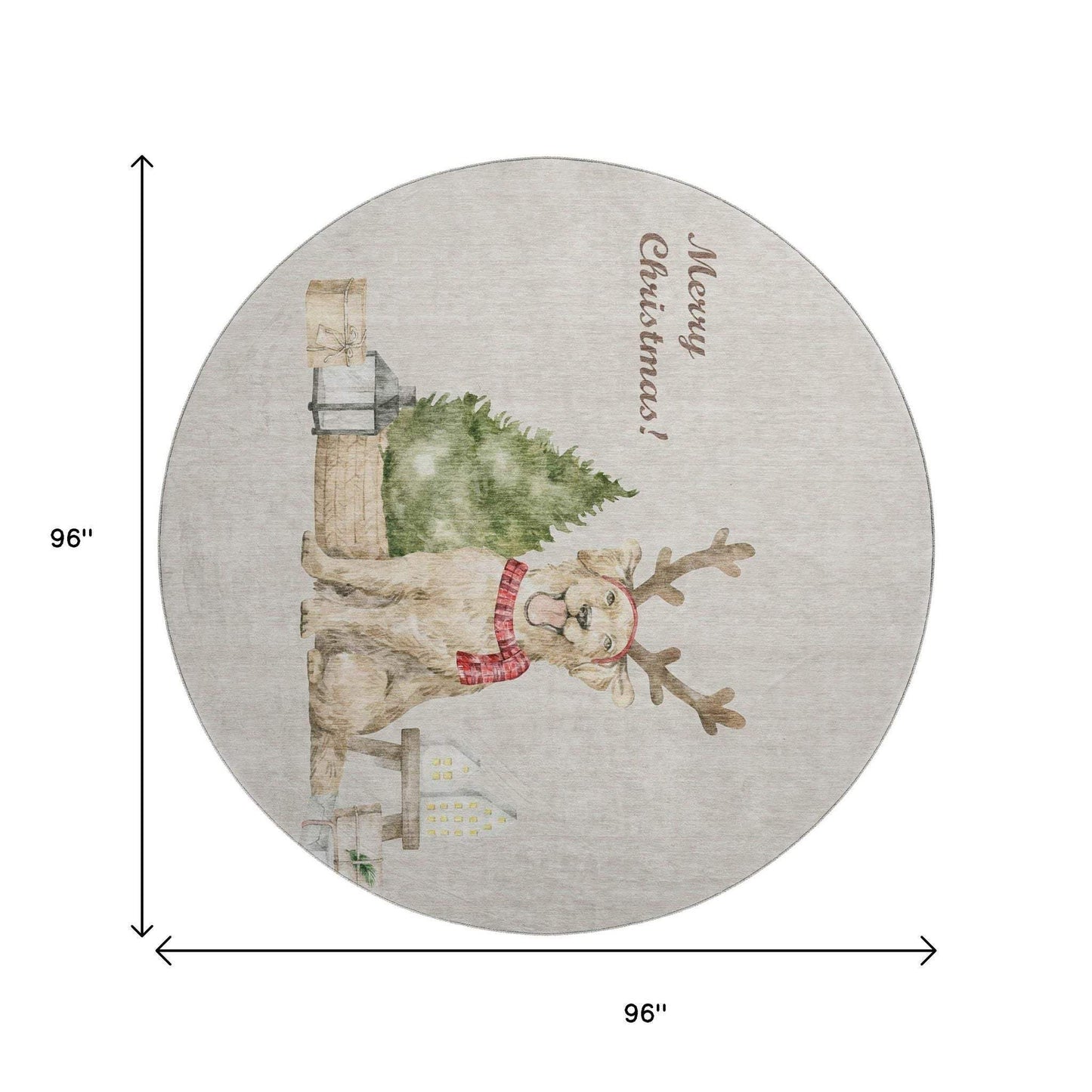 8' Taupe Green And Gray Christmas Dog Washable Round Rug With UV Protection - HomeRoots - Flyclothing LLC