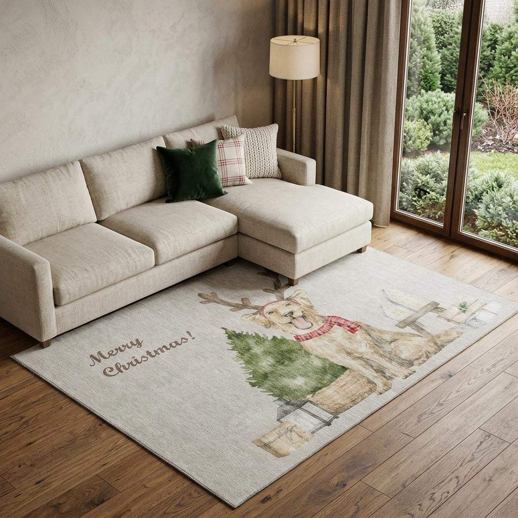 8' X 10' Taupe Green And Gray Christmas Dog Washable Area Rug With UV Protection - HomeRoots - Flyclothing LLC
