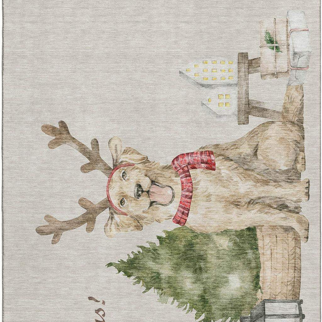 8' X 10' Taupe Green And Gray Christmas Dog Washable Area Rug With UV Protection - HomeRoots - Flyclothing LLC