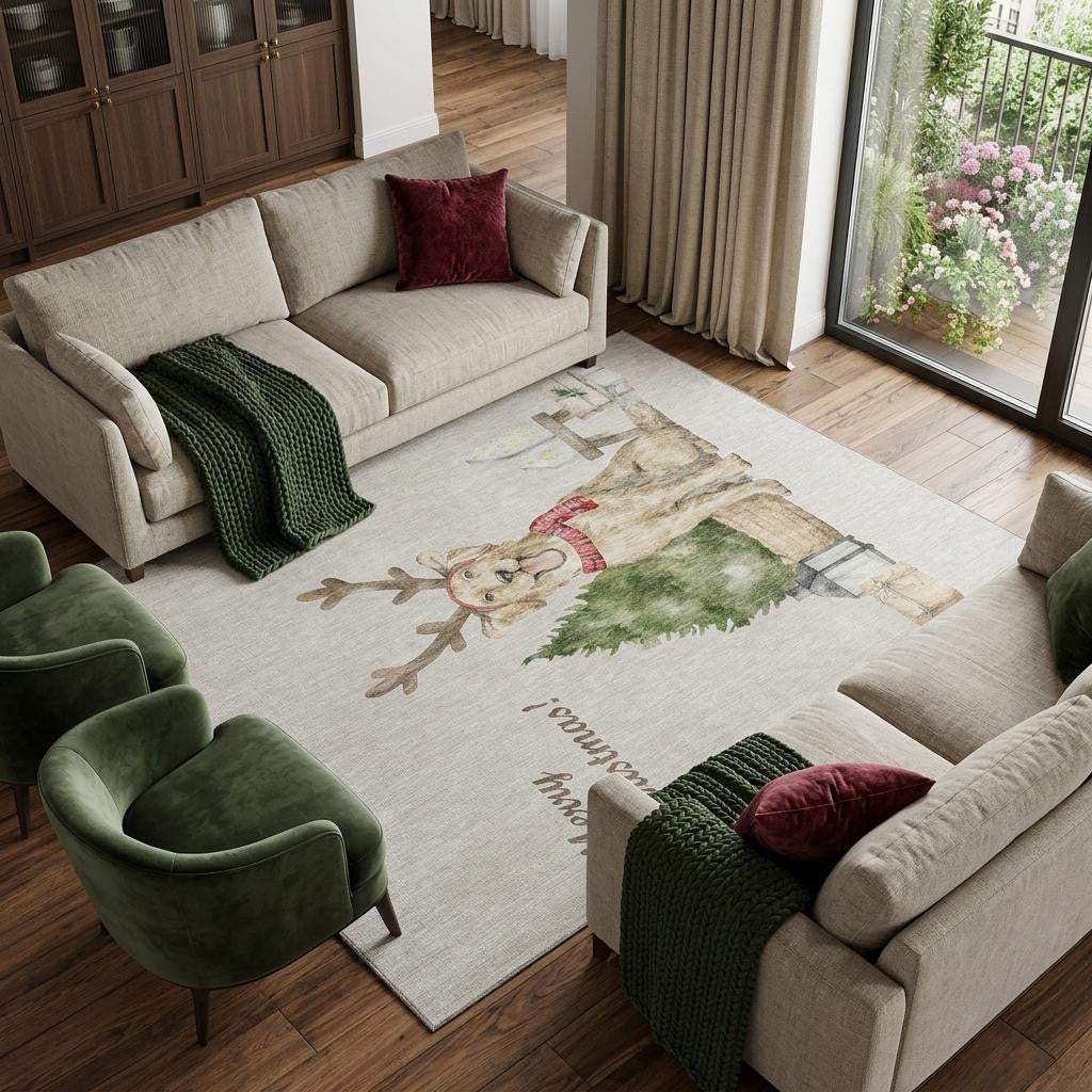 9' X 12' Taupe Green And Gray Christmas Dog Washable Area Rug With UV Protection - HomeRoots - Flyclothing LLC