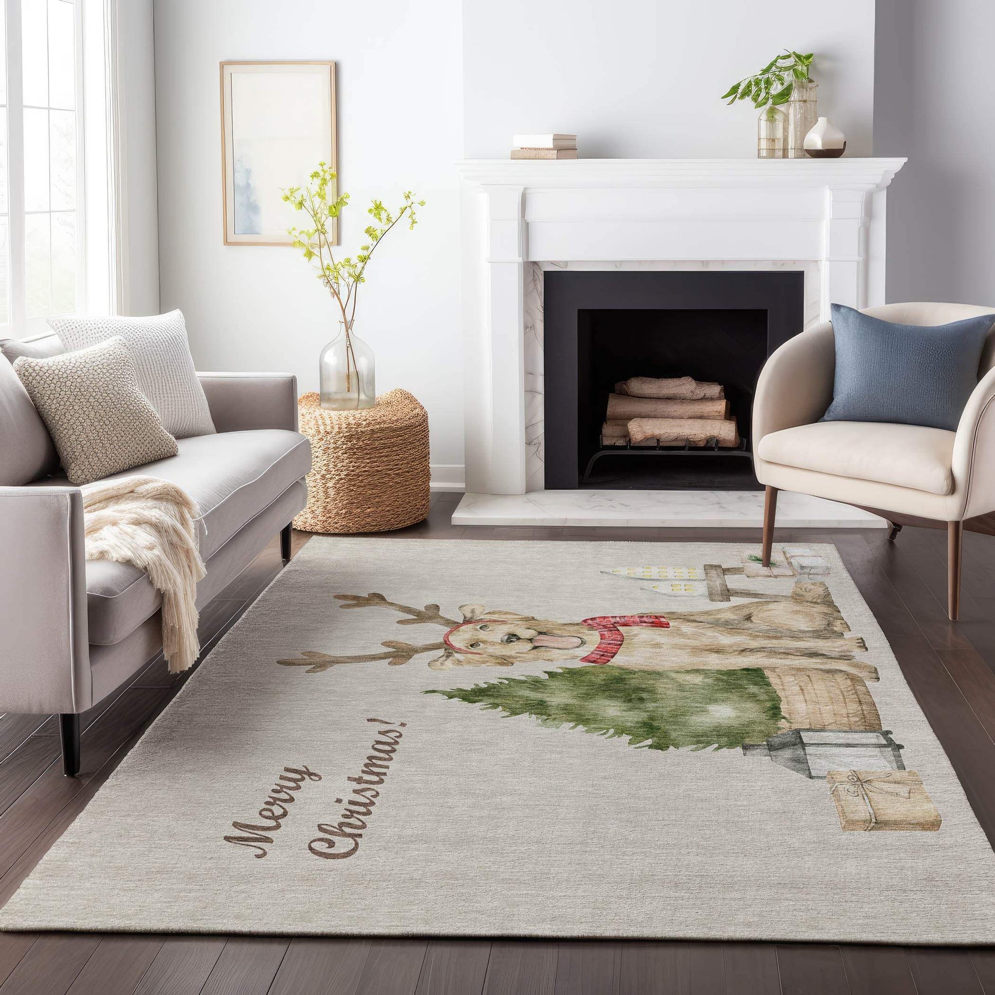 9' X 12' Taupe Green And Gray Christmas Dog Washable Area Rug With UV Protection - HomeRoots - Flyclothing LLC