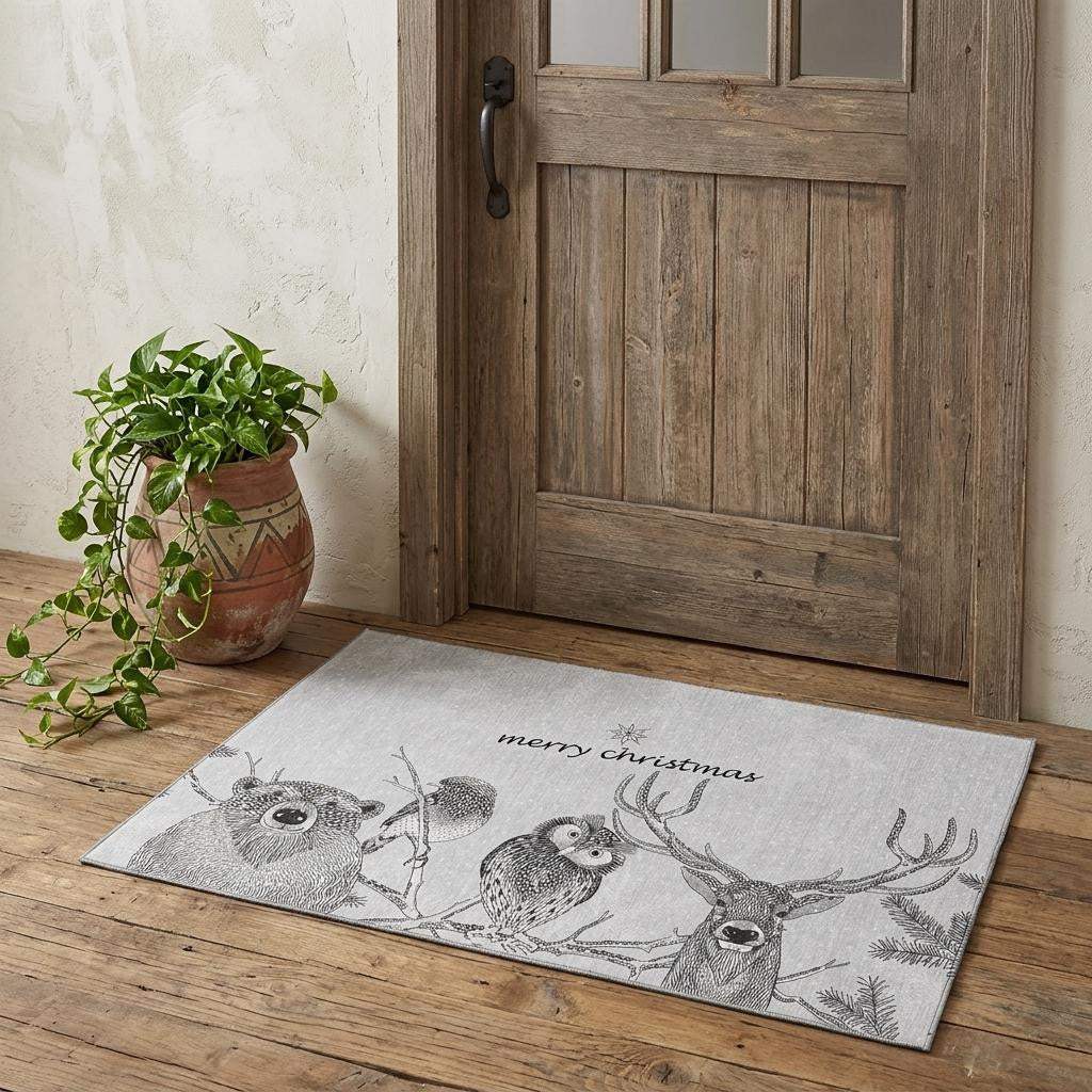 3' X 5' Gray And Black Christmas Woodland Lodge Washable Area Rug With UV Protection - HomeRoots - Flyclothing LLC