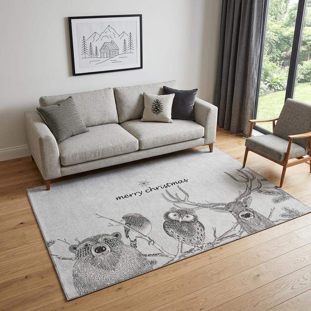 5' X 8' Gray And Black Christmas Woodland Lodge Washable Area Rug With UV Protection - HomeRoots - Flyclothing LLC