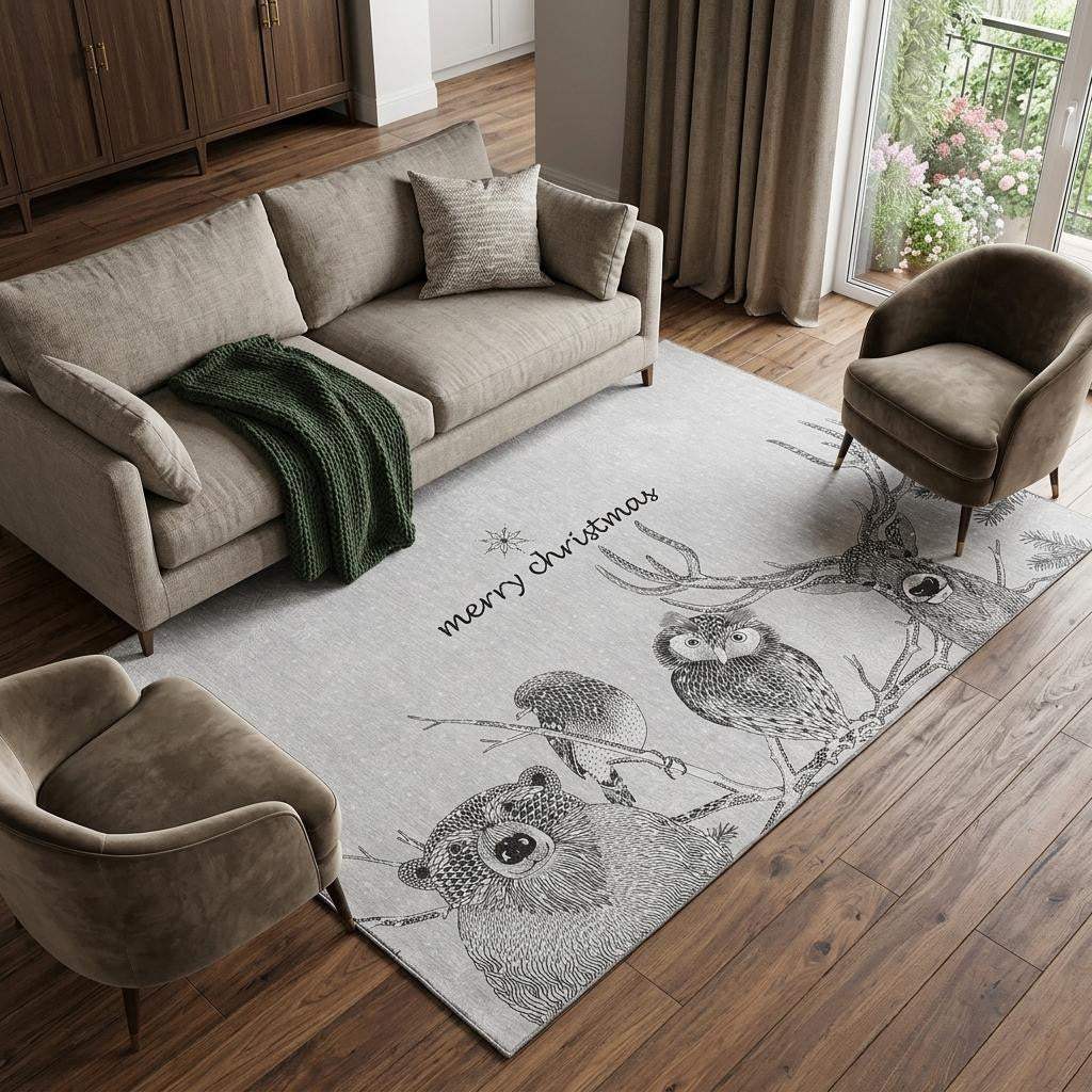 8' X 10' Gray And Black Christmas Woodland Lodge Washable Area Rug With UV Protection - HomeRoots - Flyclothing LLC
