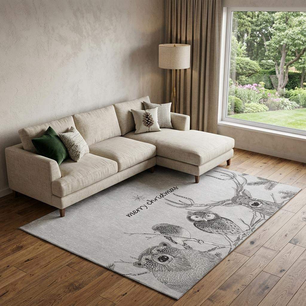 9' X 12' Gray And Black Christmas Woodland Lodge Washable Area Rug With UV Protection - HomeRoots - Flyclothing LLC