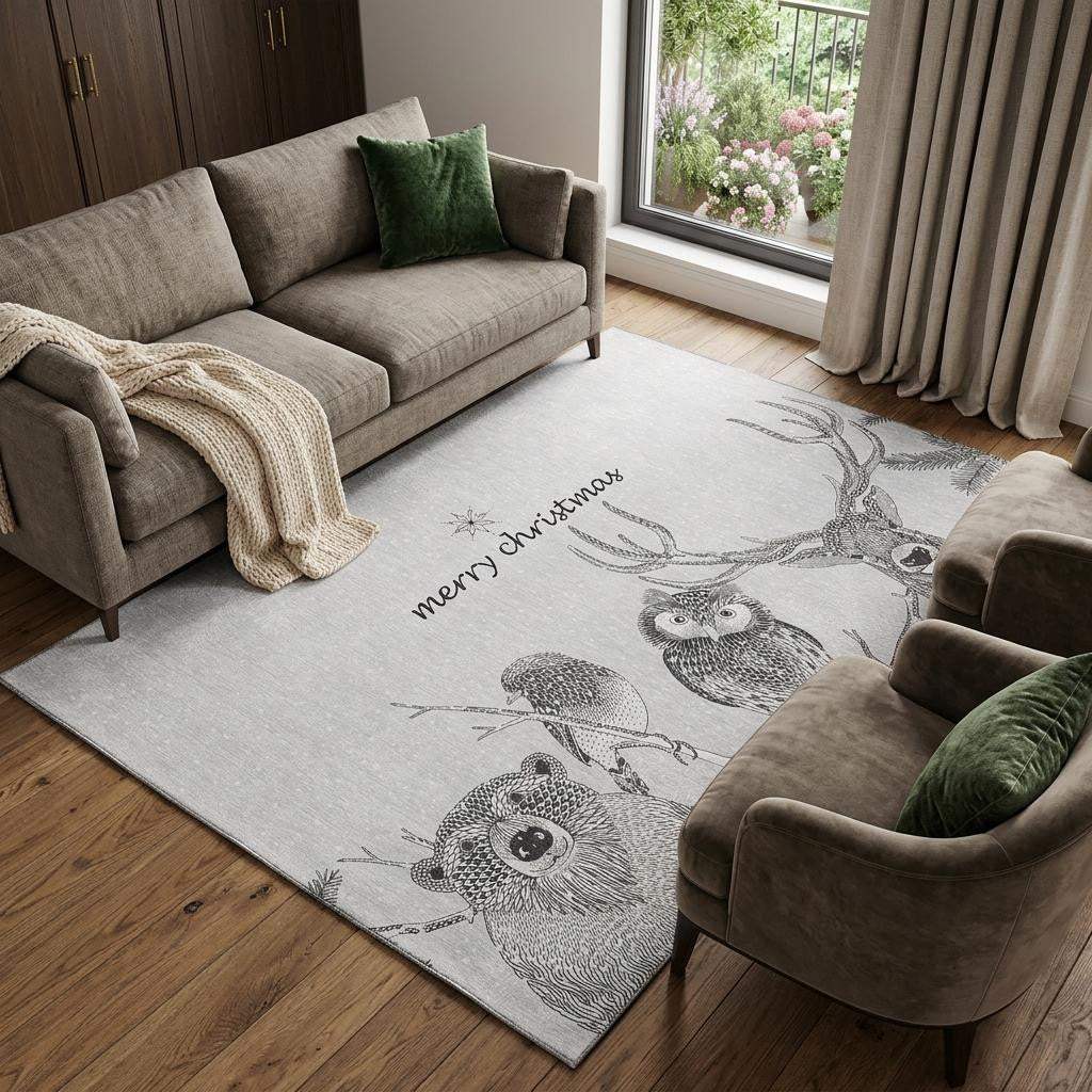 10' X 14' Gray And Black Christmas Woodland Lodge Washable Area Rug With UV Protection - HomeRoots - Flyclothing LLC