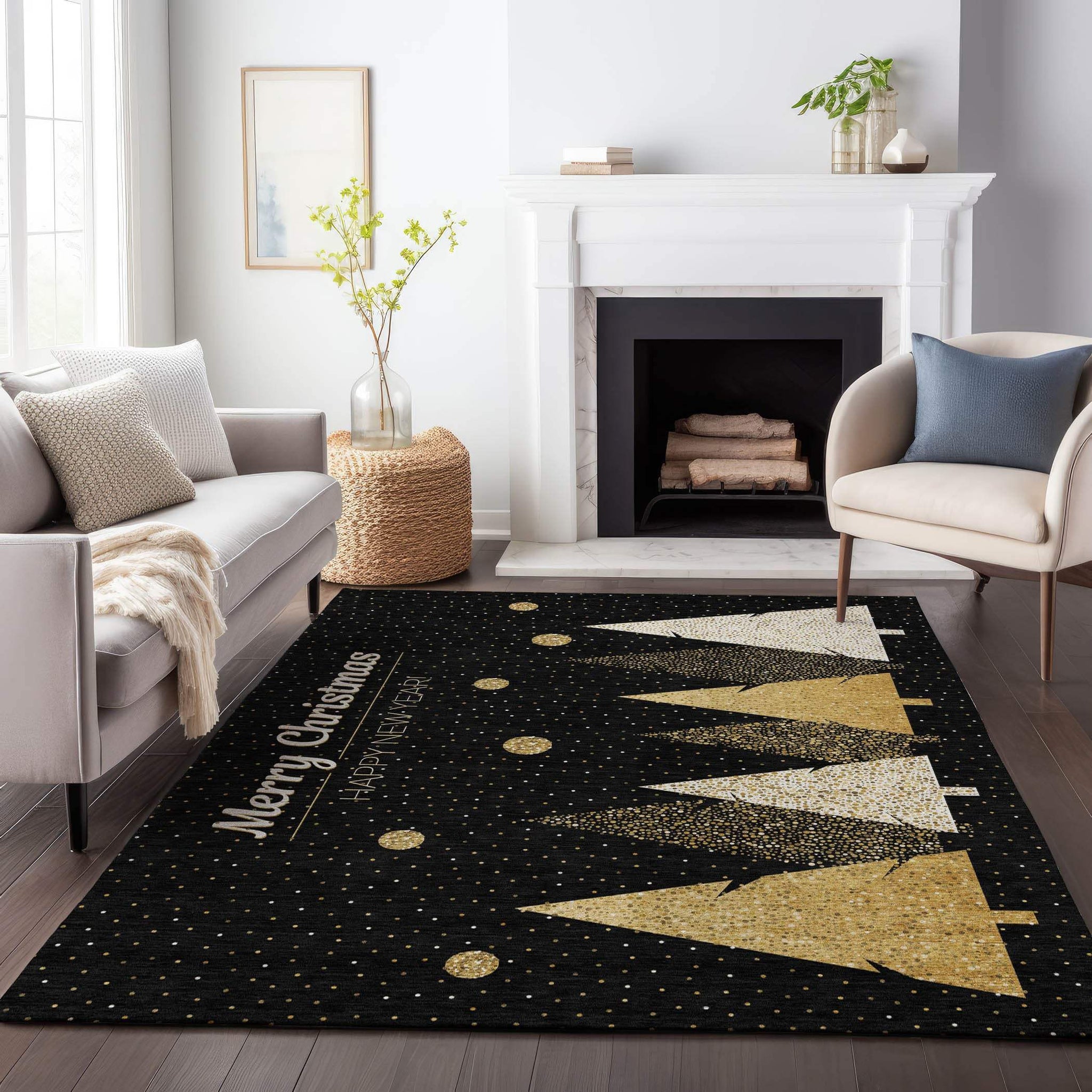 3' X 5' Black Gold And Ivory Christmas Tree Washable Area Rug With UV Protection - HomeRoots - Flyclothing LLC