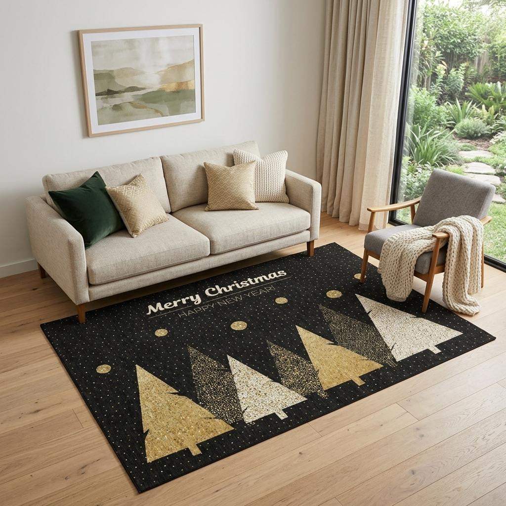 5' X 8' Black Gold And Ivory Christmas Tree Washable Area Rug With UV Protection - HomeRoots - Flyclothing LLC