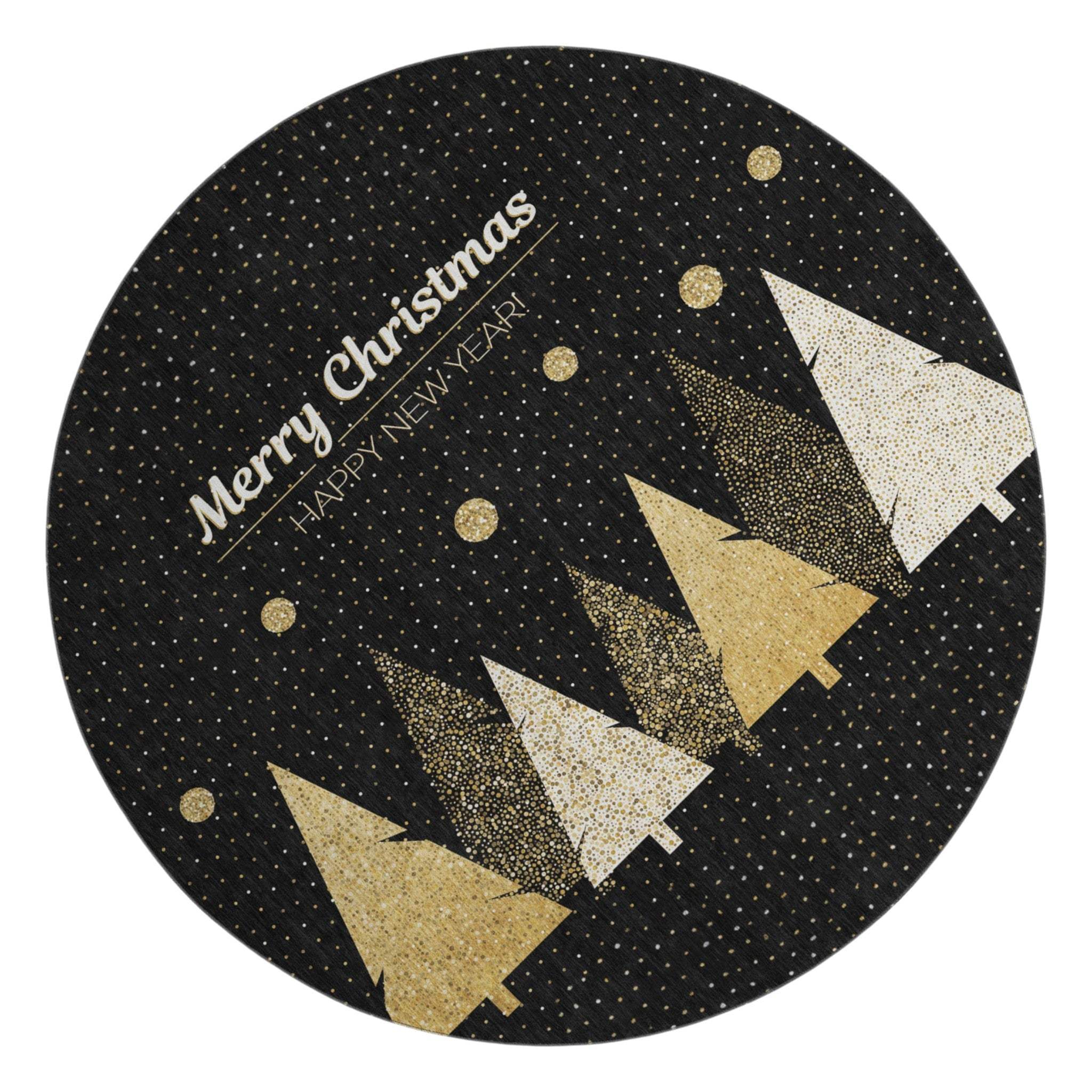 8' Black Gold And Ivory Christmas Tree Washable Round Rug With UV Protection - HomeRoots - Flyclothing LLC