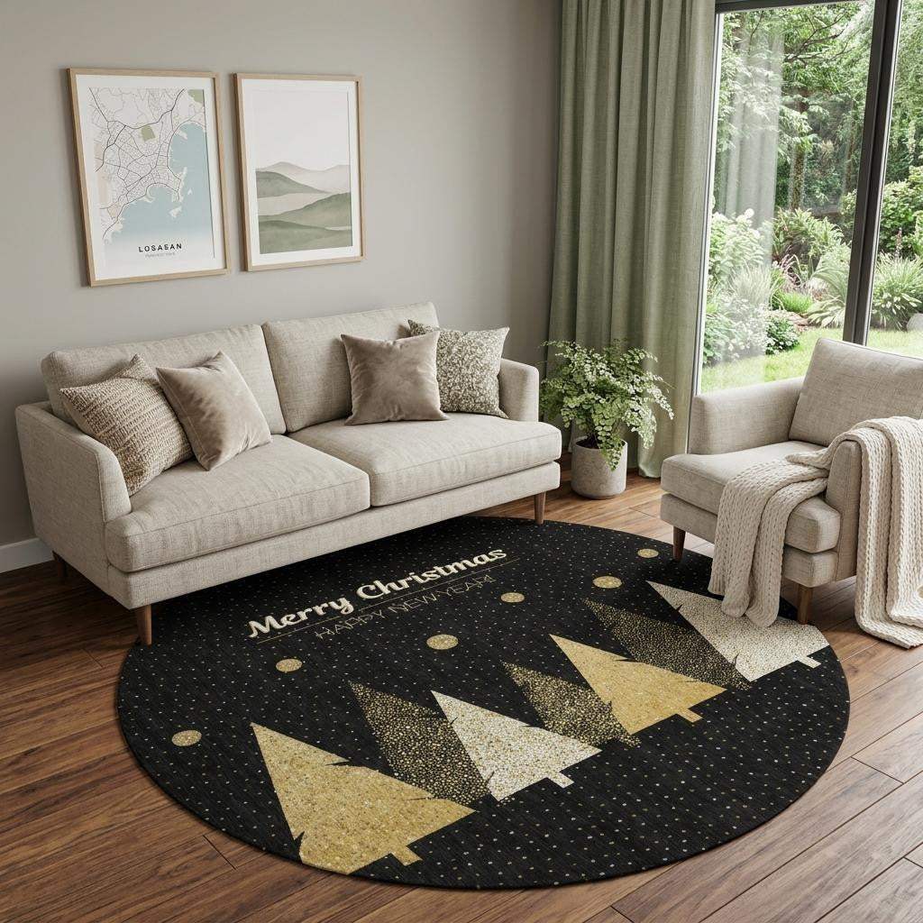 8' Black Gold And Ivory Christmas Tree Washable Round Rug With UV Protection - HomeRoots - Flyclothing LLC