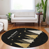 8' Black Gold And Ivory Christmas Tree Washable Round Rug With UV Protection - HomeRoots - Flyclothing LLC