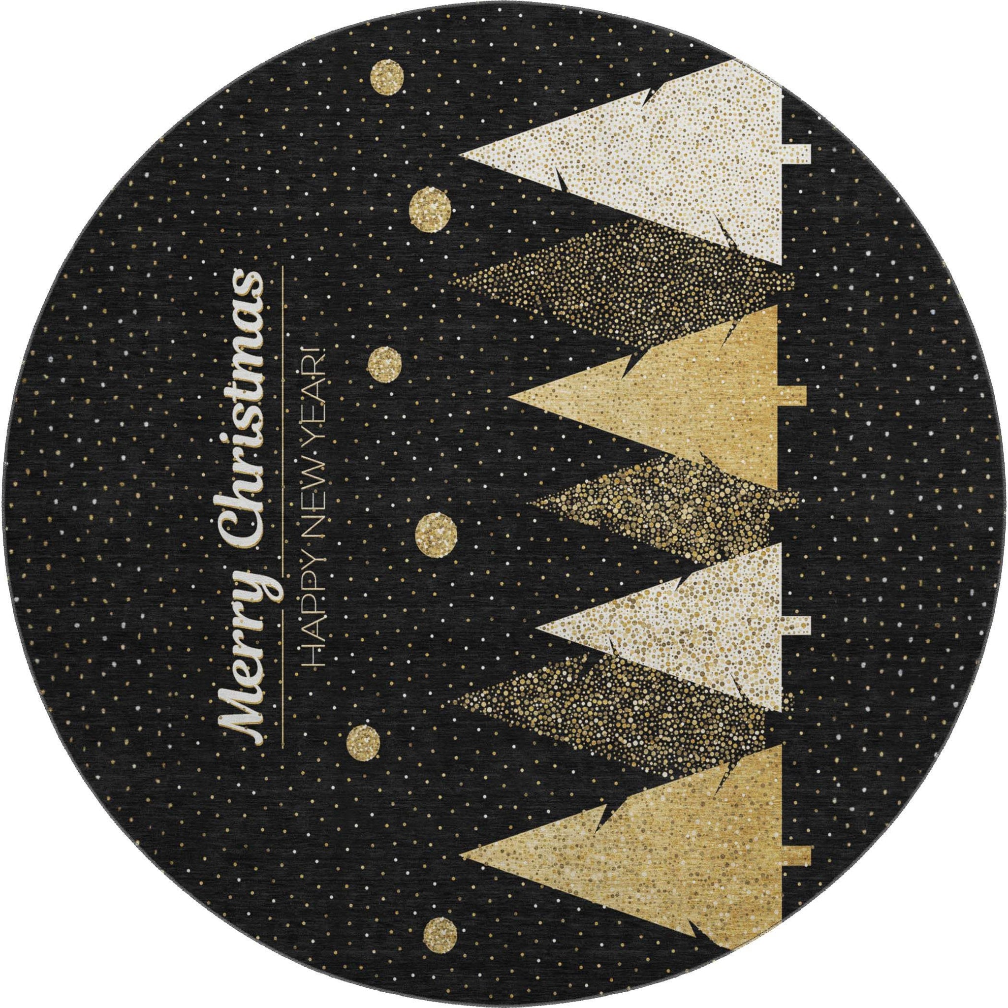 8' Black Gold And Ivory Christmas Tree Washable Round Rug With UV Protection - HomeRoots - Flyclothing LLC
