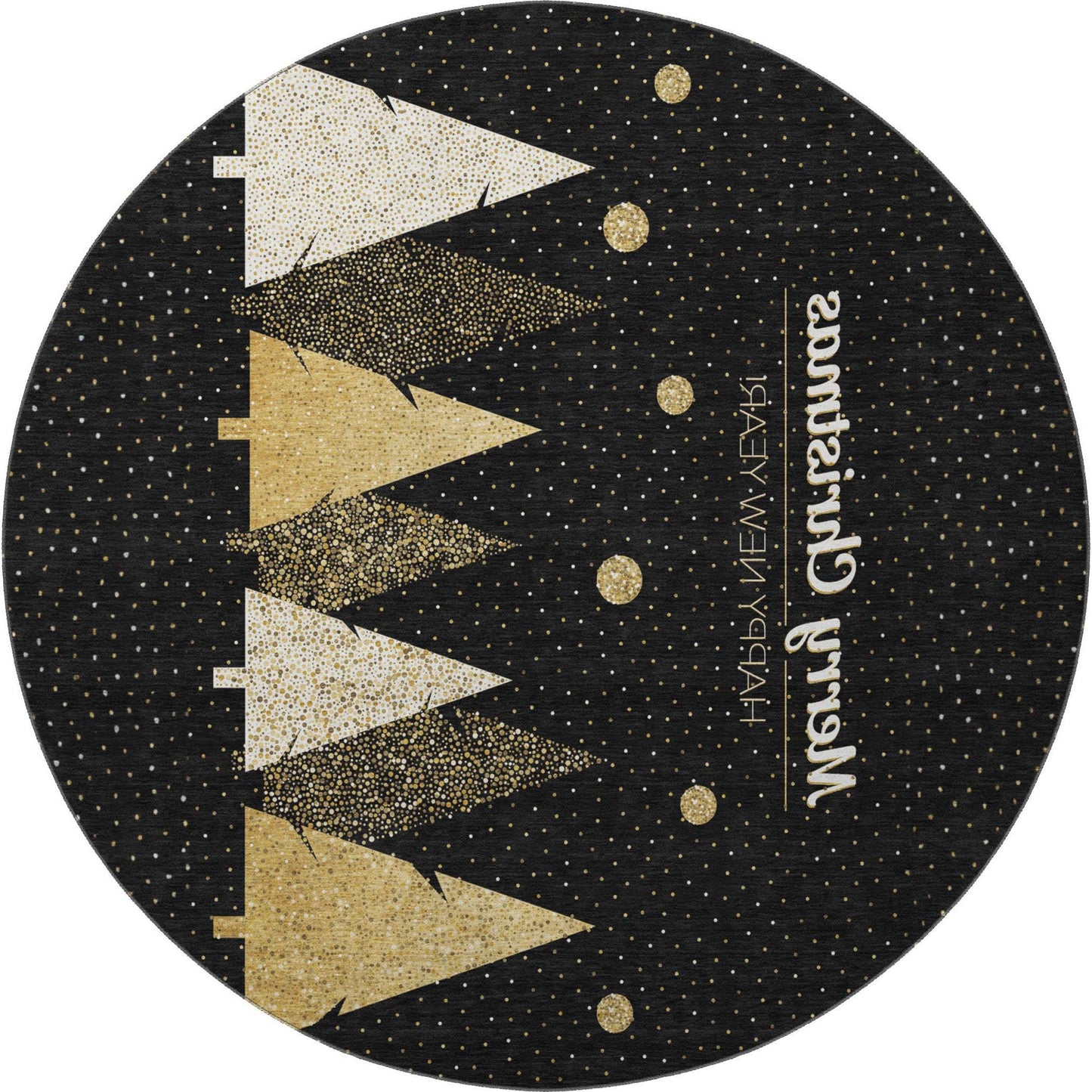 8' Black Gold And Ivory Christmas Tree Washable Round Rug With UV Protection - HomeRoots - Flyclothing LLC