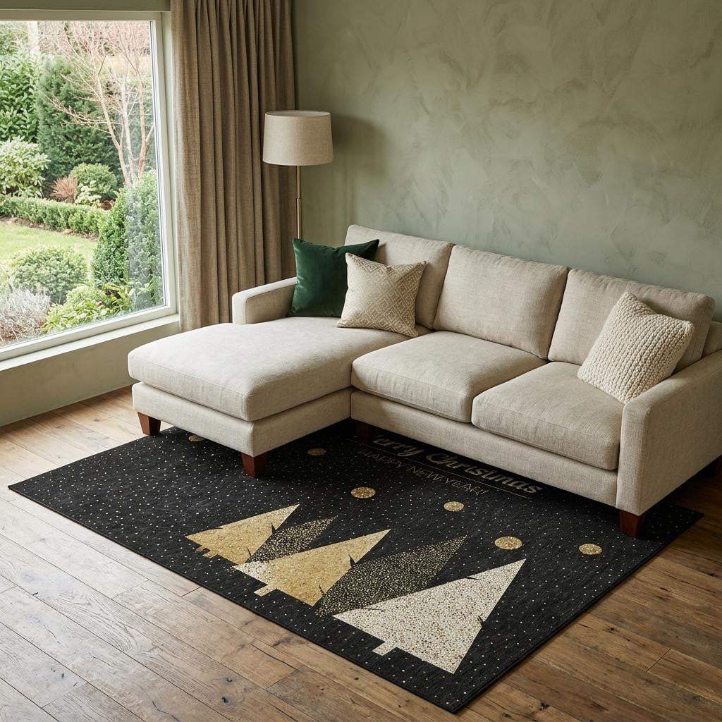 8' X 10' Black Gold And Ivory Christmas Tree Washable Area Rug With UV Protection - HomeRoots - Flyclothing LLC