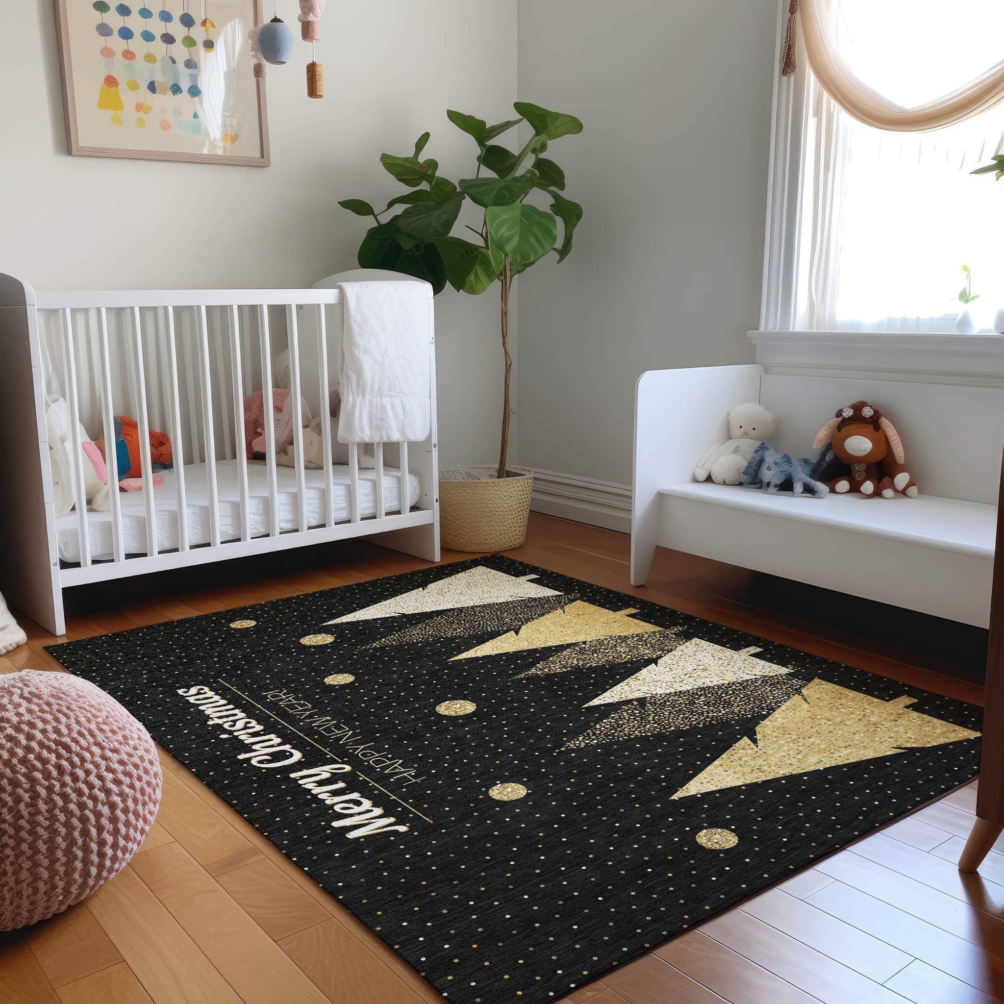 8' X 10' Black Gold And Ivory Christmas Tree Washable Area Rug With UV Protection - HomeRoots - Flyclothing LLC