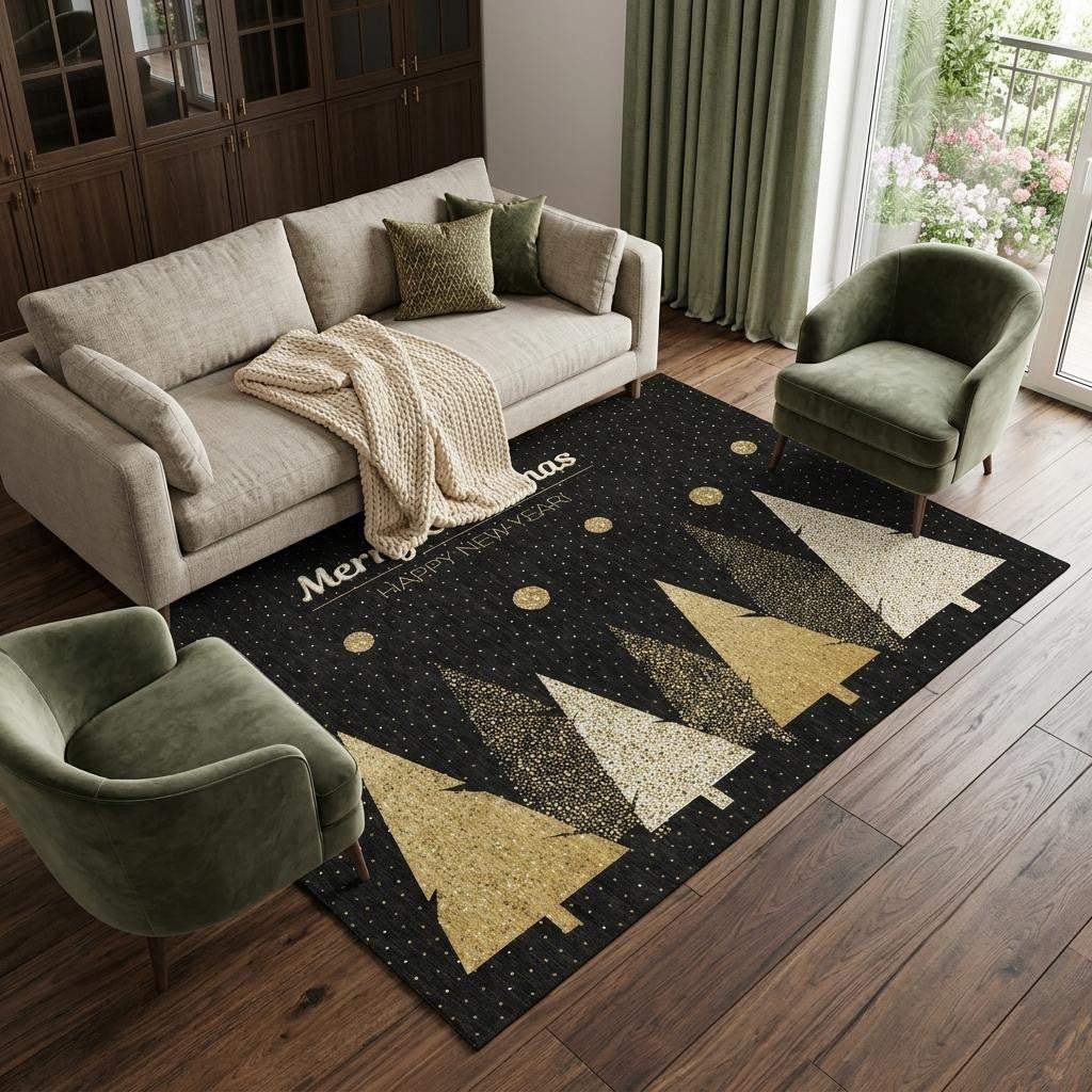 9' X 12' Black Gold And Ivory Christmas Tree Washable Area Rug With UV Protection - HomeRoots - Flyclothing LLC