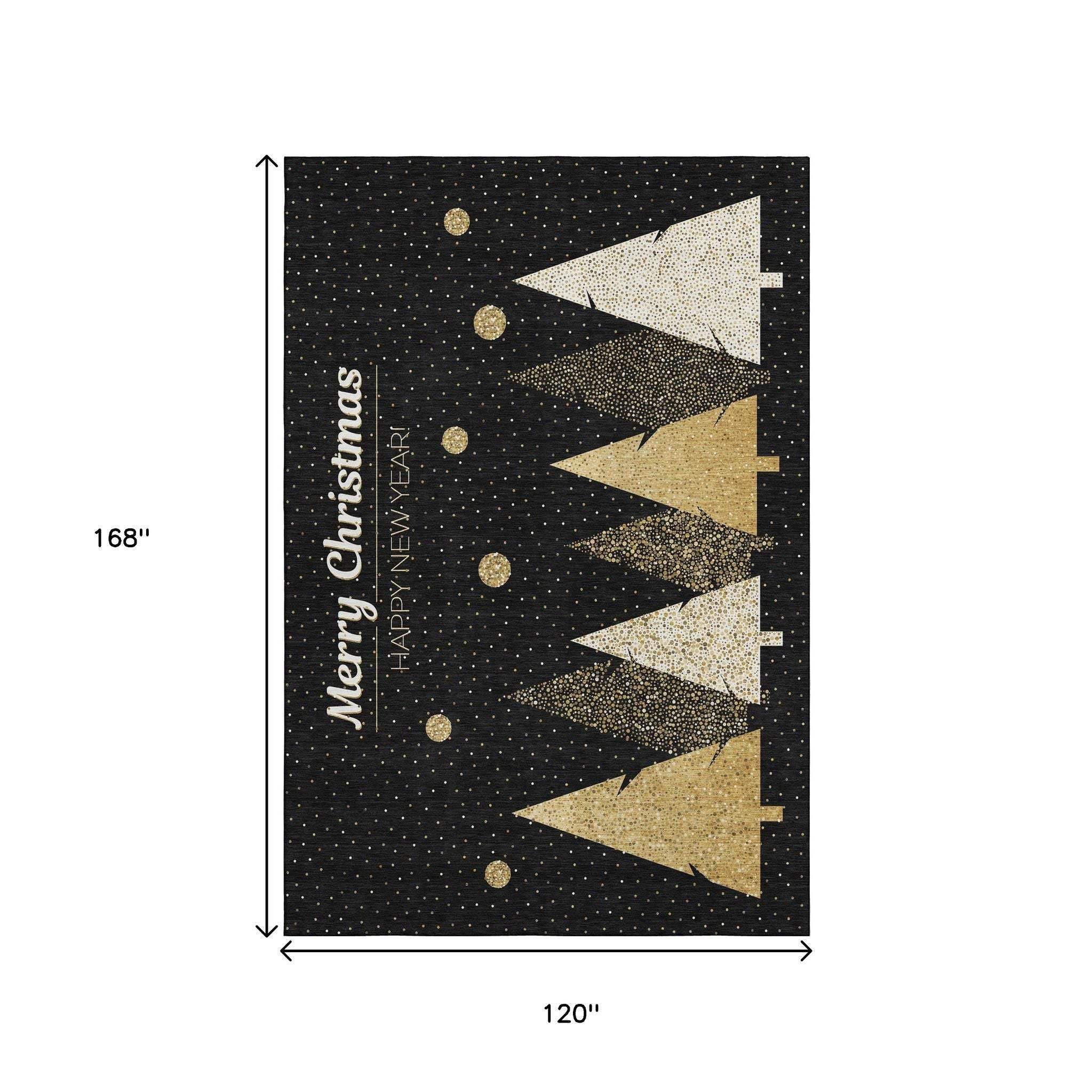 10' X 14' Black Gold And Ivory Christmas Tree Washable Area Rug With UV Protection - HomeRoots - Flyclothing LLC
