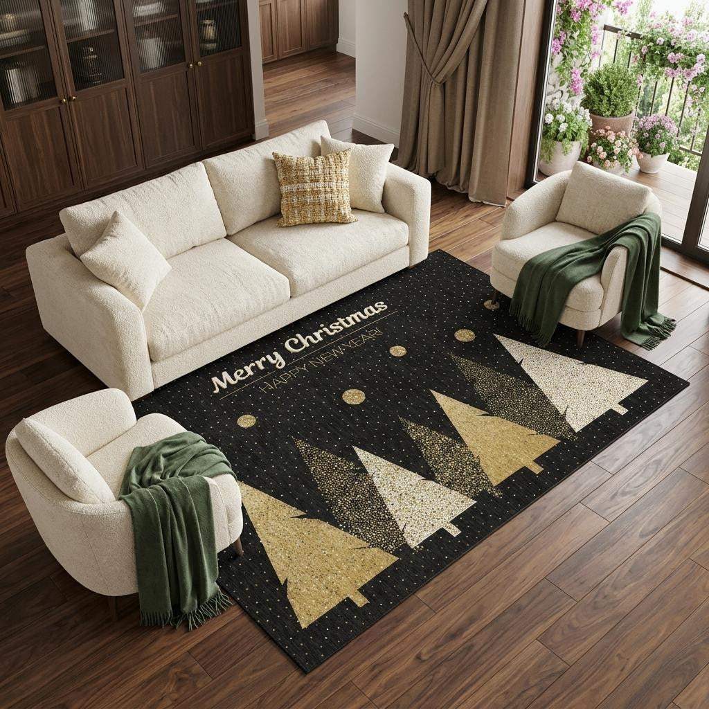10' X 14' Black Gold And Ivory Christmas Tree Washable Area Rug With UV Protection - HomeRoots - Flyclothing LLC