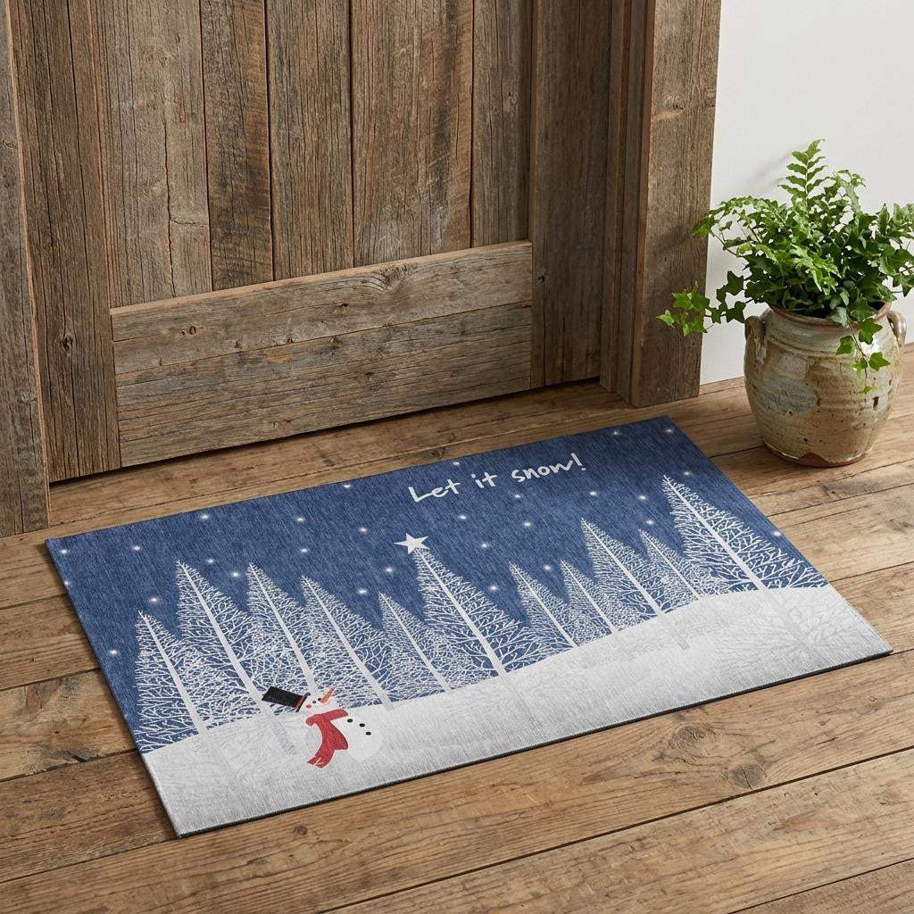 3' X 5' Blue And White Winter Snowman Washable Area Rug With UV Protection - HomeRoots - Flyclothing LLC