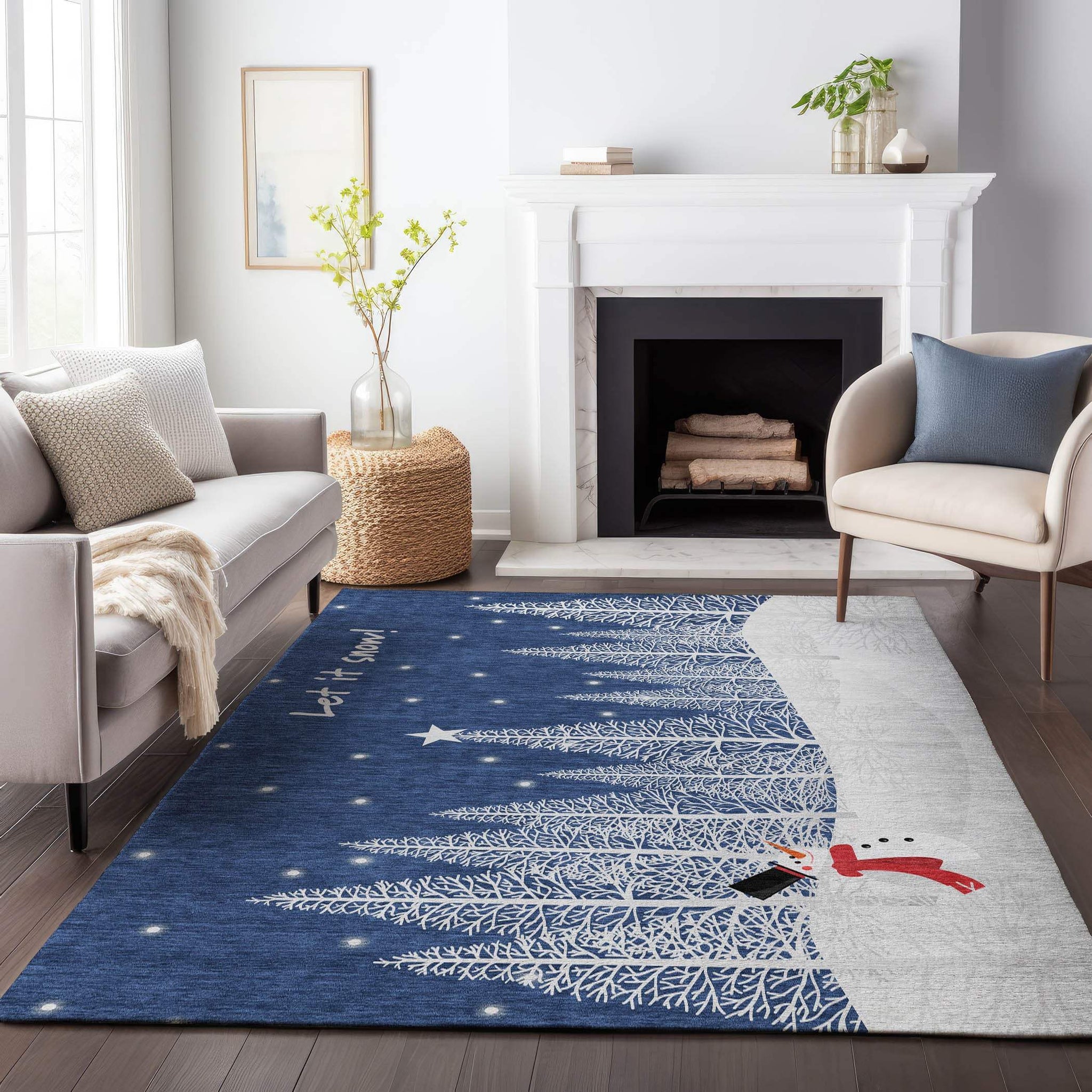 3' X 5' Blue And White Winter Snowman Washable Area Rug With UV Protection - HomeRoots - Flyclothing LLC