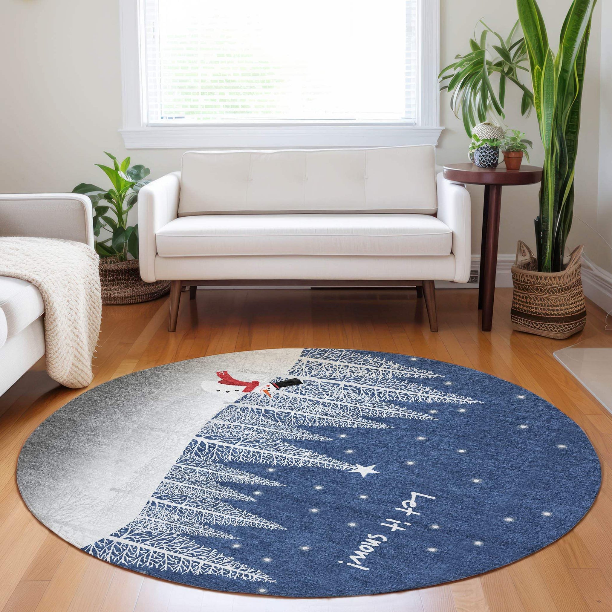8' Blue And White Snowman Washable Round Rug With UV Protection - HomeRoots - Flyclothing LLC