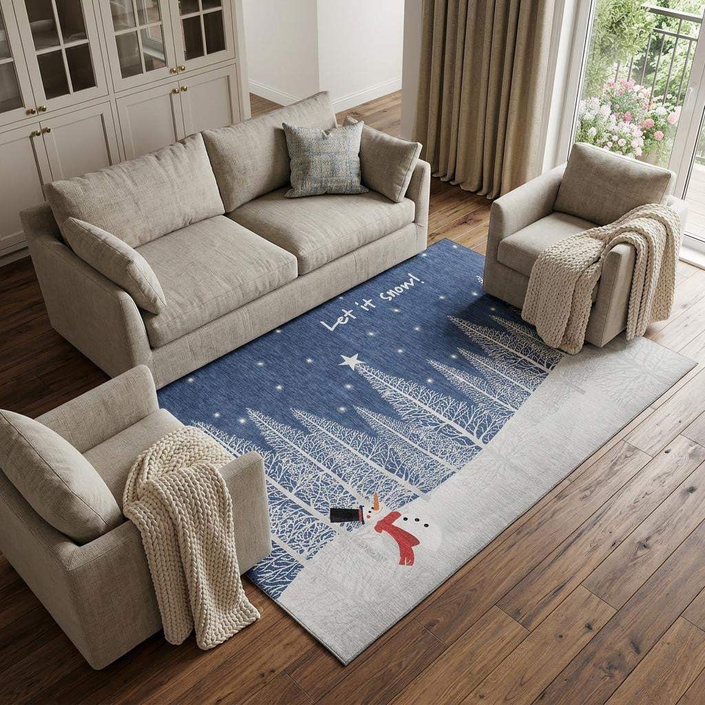 8' X 10' Blue And White Winter Snowman Washable Area Rug With UV Protection - HomeRoots - Flyclothing LLC