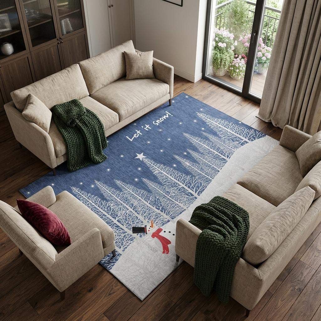 9' X 12' Blue And White Winter Snowman Washable Area Rug With UV Protection - HomeRoots - Flyclothing LLC