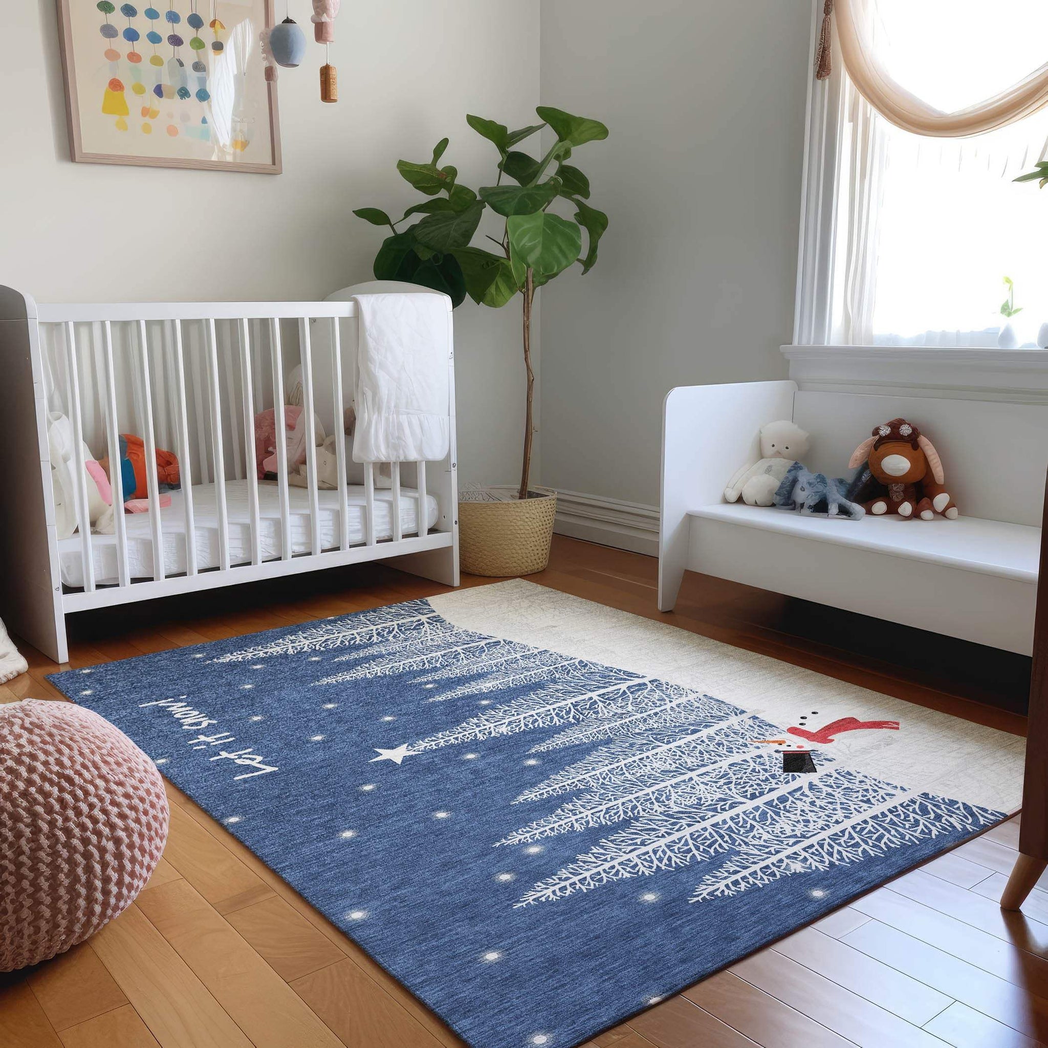 10' X 14' Blue And White Winter Snowman Washable Area Rug With UV Protection - HomeRoots - Flyclothing LLC