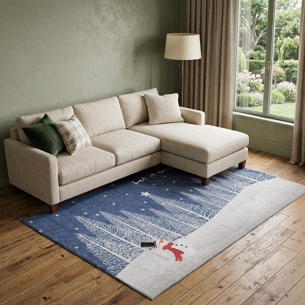 10' X 14' Blue And White Winter Snowman Washable Area Rug With UV Protection - HomeRoots - Flyclothing LLC